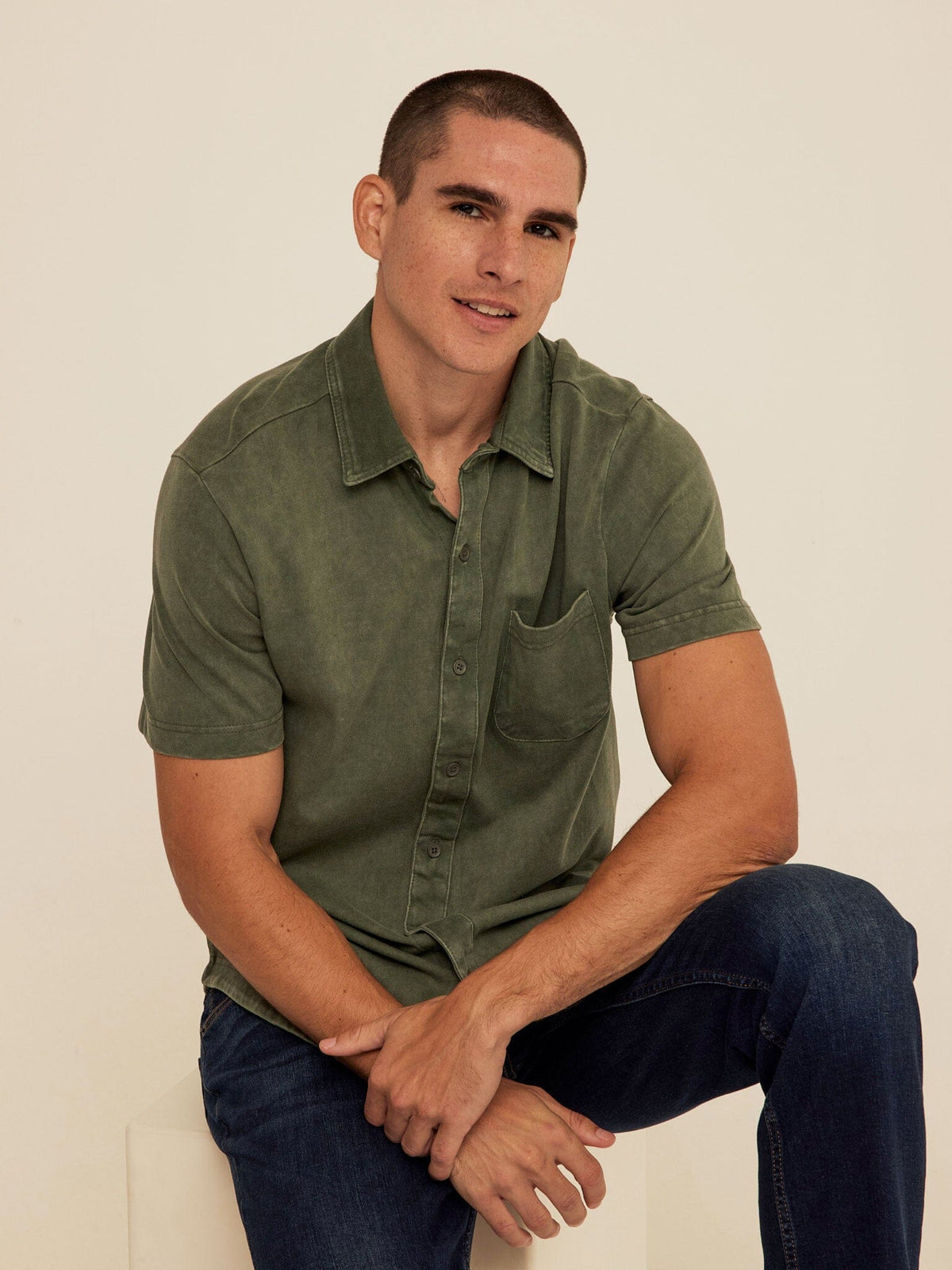 Dorian Mineral Wash Jersey Short Sleeve Button-Down