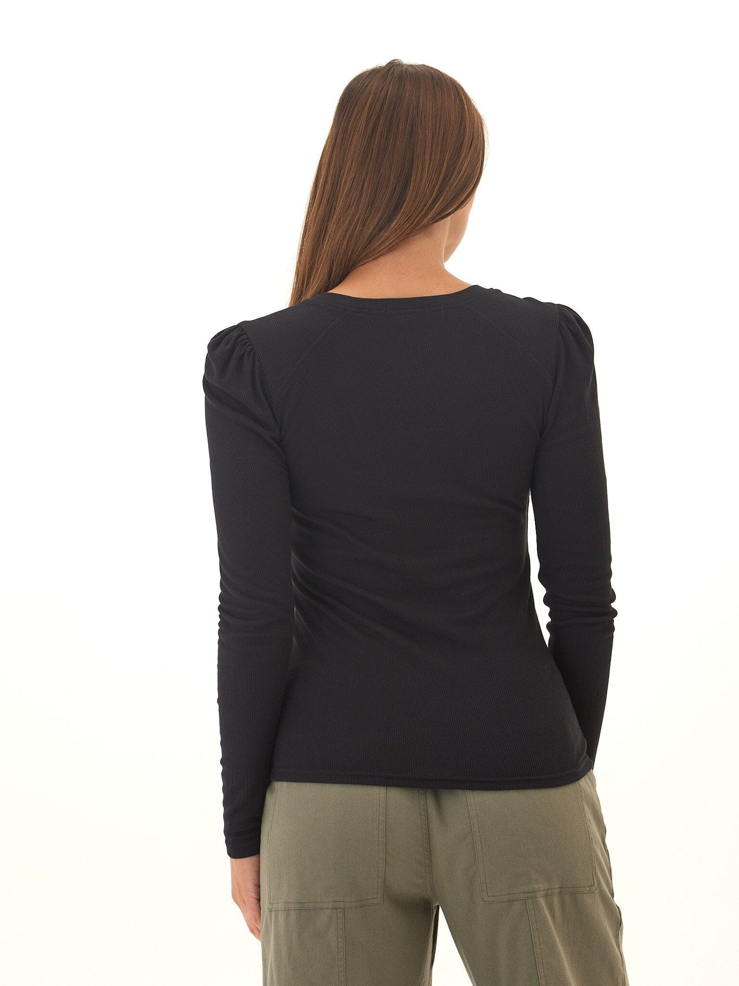 Nimia Feather Rib Puff Shoulder Top