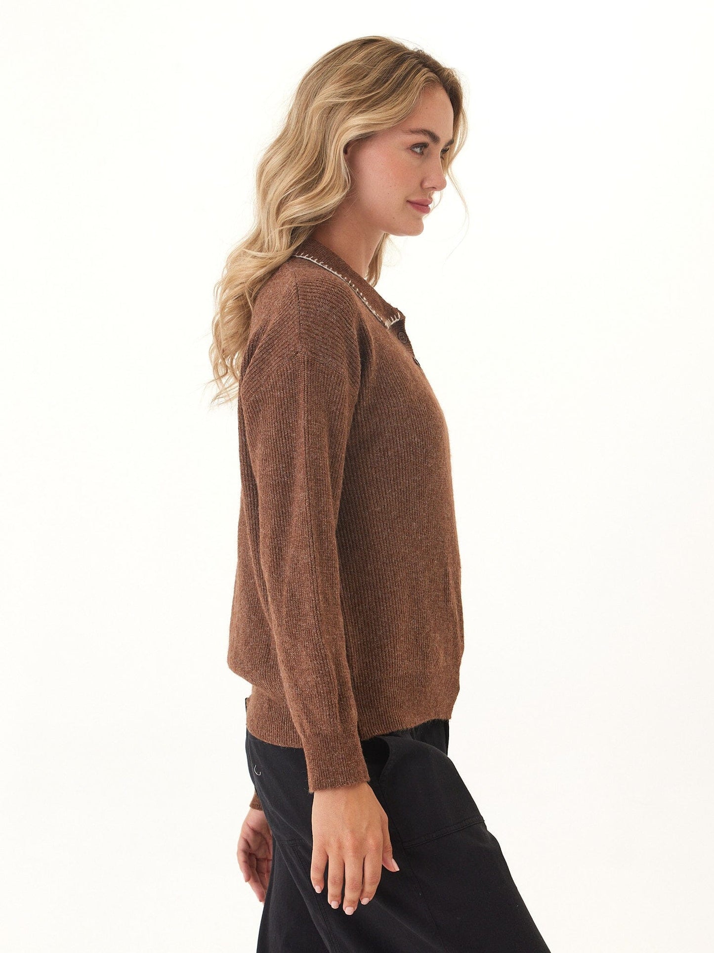 Julieta Cozy Solid Knit Long Sleeve Sweater Polo