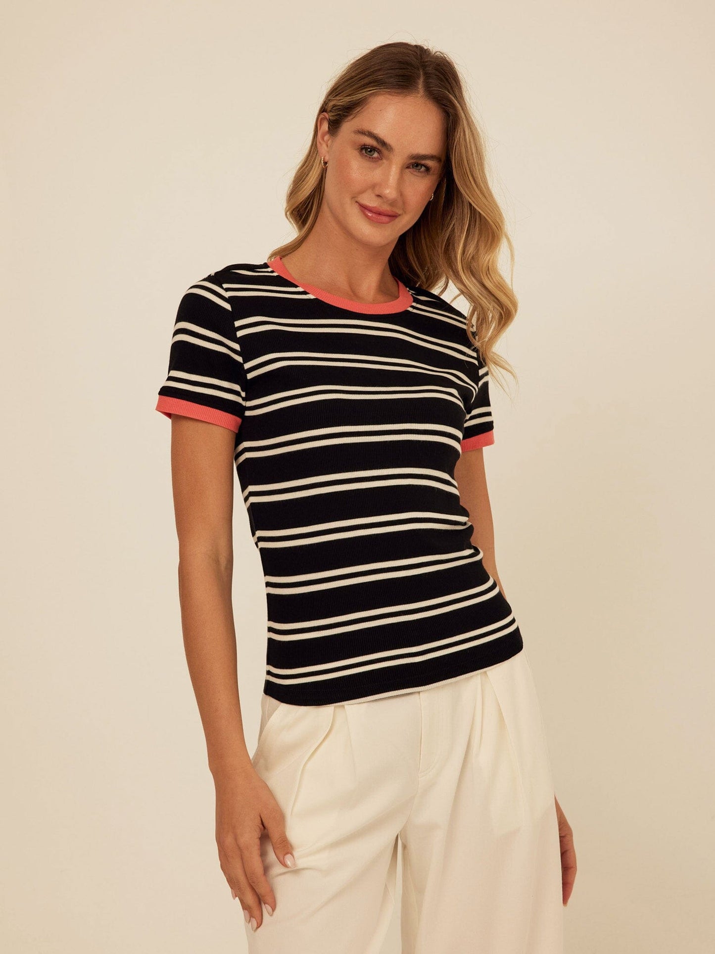 Arleen Barbados Stripe Feather Rib Ringer Tee