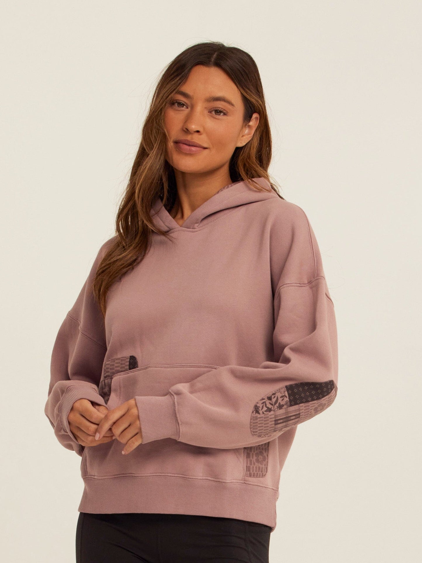 Marcellina Vintage Wash Fleece Elbow Patchwork Hoodie