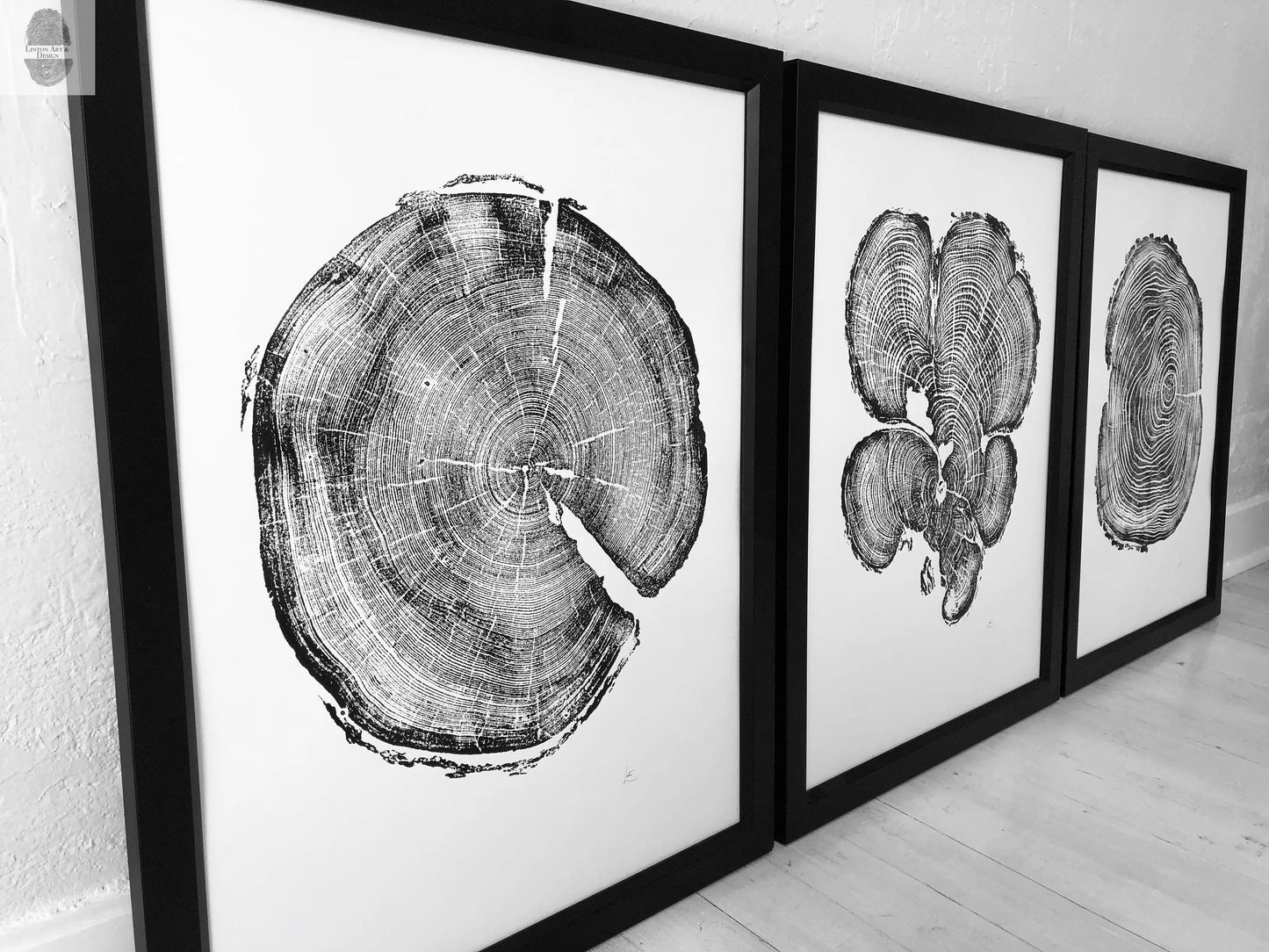 Three Panel Wall Art, Tree Blocks, Woodcut print, Tree hugger gift, Signed Original 18x24 inches