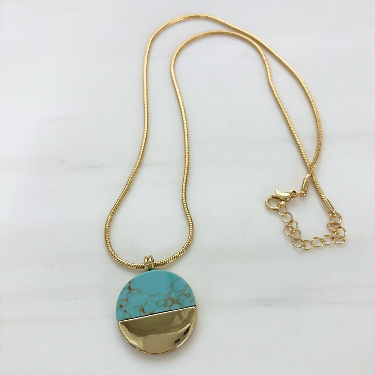 Turquoise Disc Necklace 20" Chain with 1" Stone Pendant | Minimalist Half-Metal Jewelry