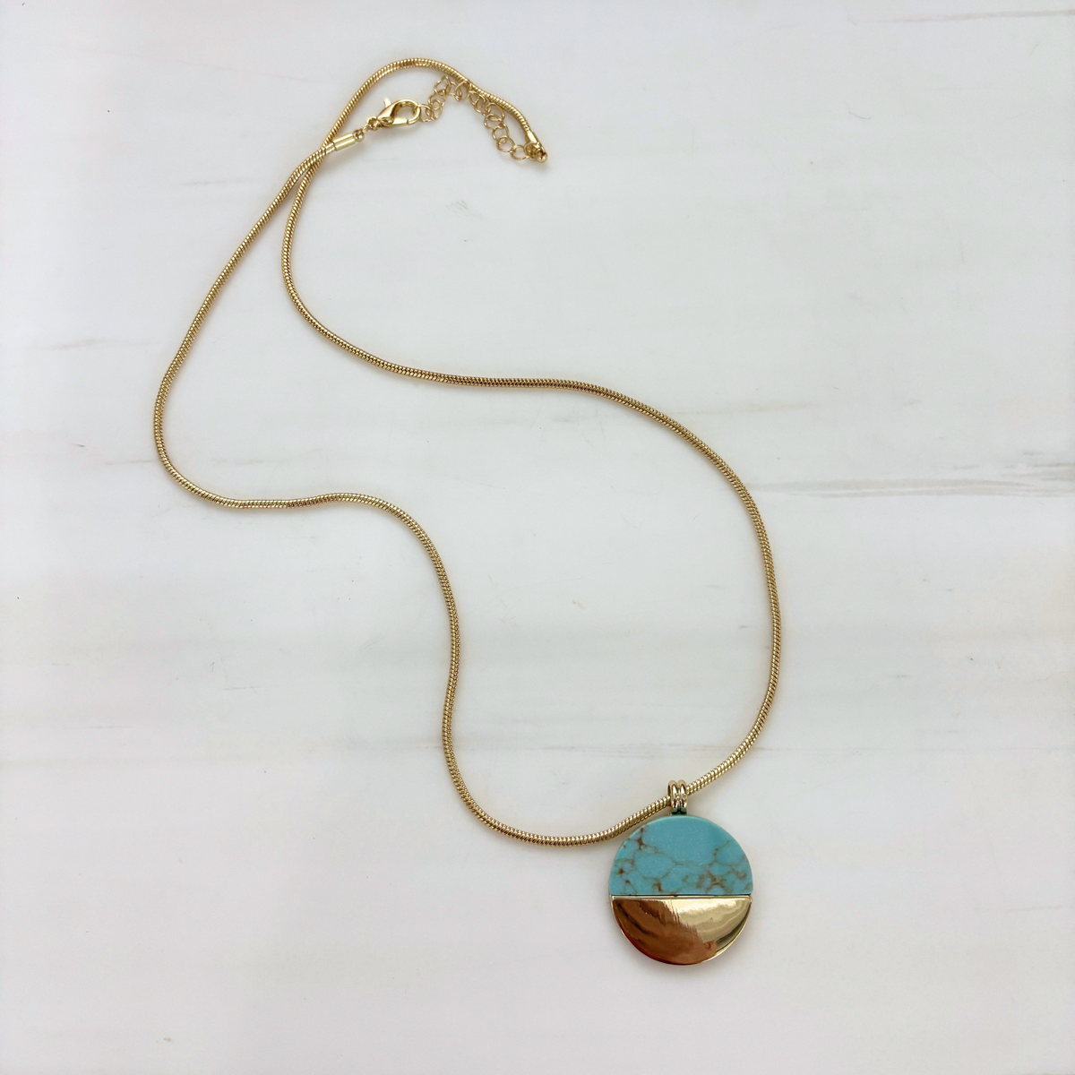 Turquoise Disc Necklace 20" Chain with 1" Stone Pendant | Minimalist Half-Metal Jewelry