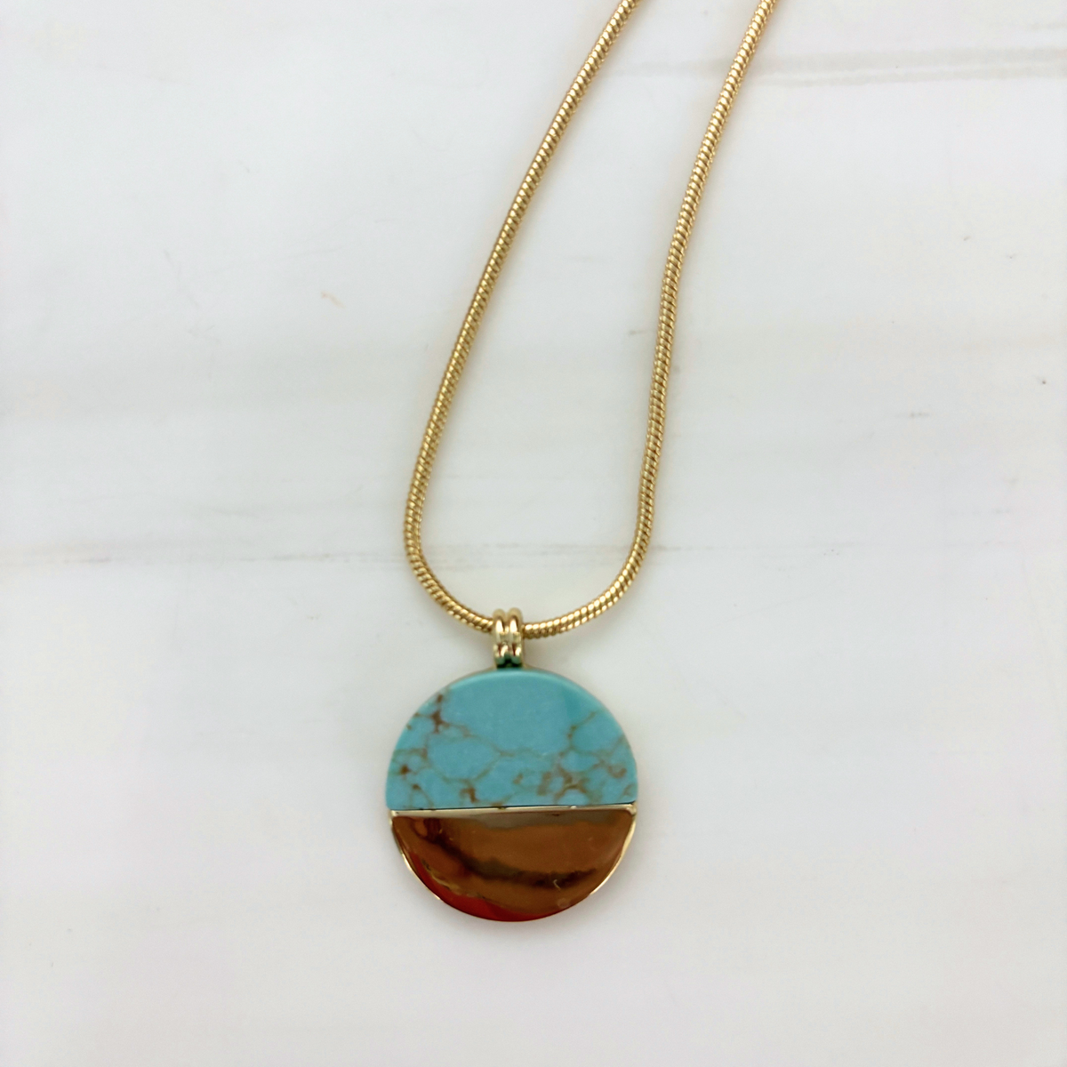 Turquoise Disc Necklace 20" Chain with 1" Stone Pendant | Minimalist Half-Metal Jewelry