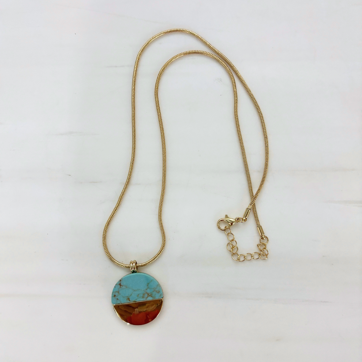 Turquoise Disc Necklace 20" Chain with 1" Stone Pendant | Minimalist Half-Metal Jewelry