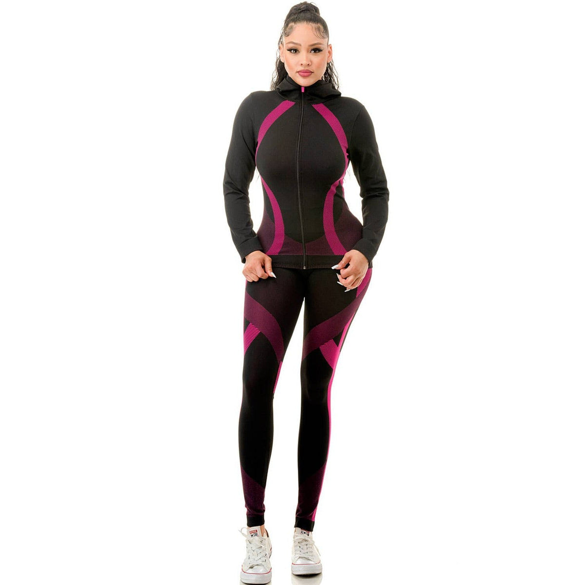 Two Piece Active Zip Up Hooded Jacket + Leggings Set in Fuchsia - One Size S/M