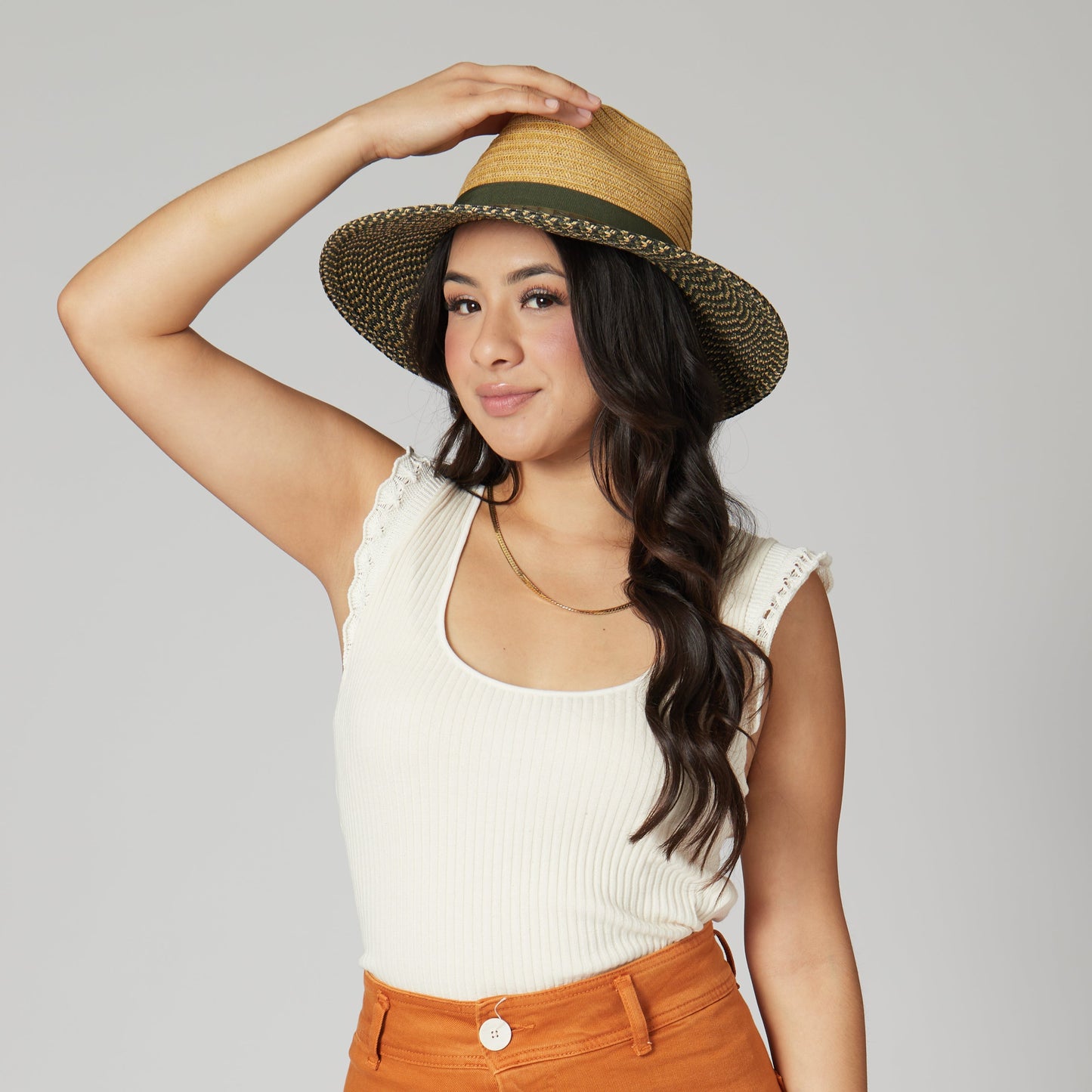 Women's Colorblock Fedora With Band & Faux Leather Bow Band