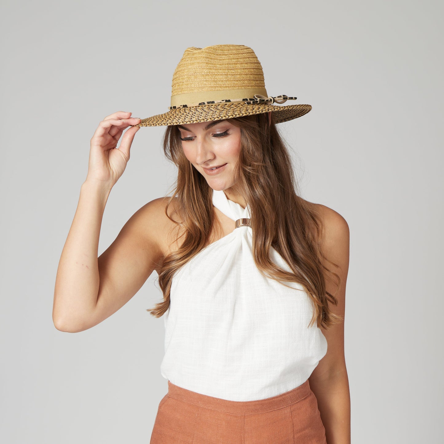 Women's Colorblock Fedora With Band & Faux Leather Bow Band