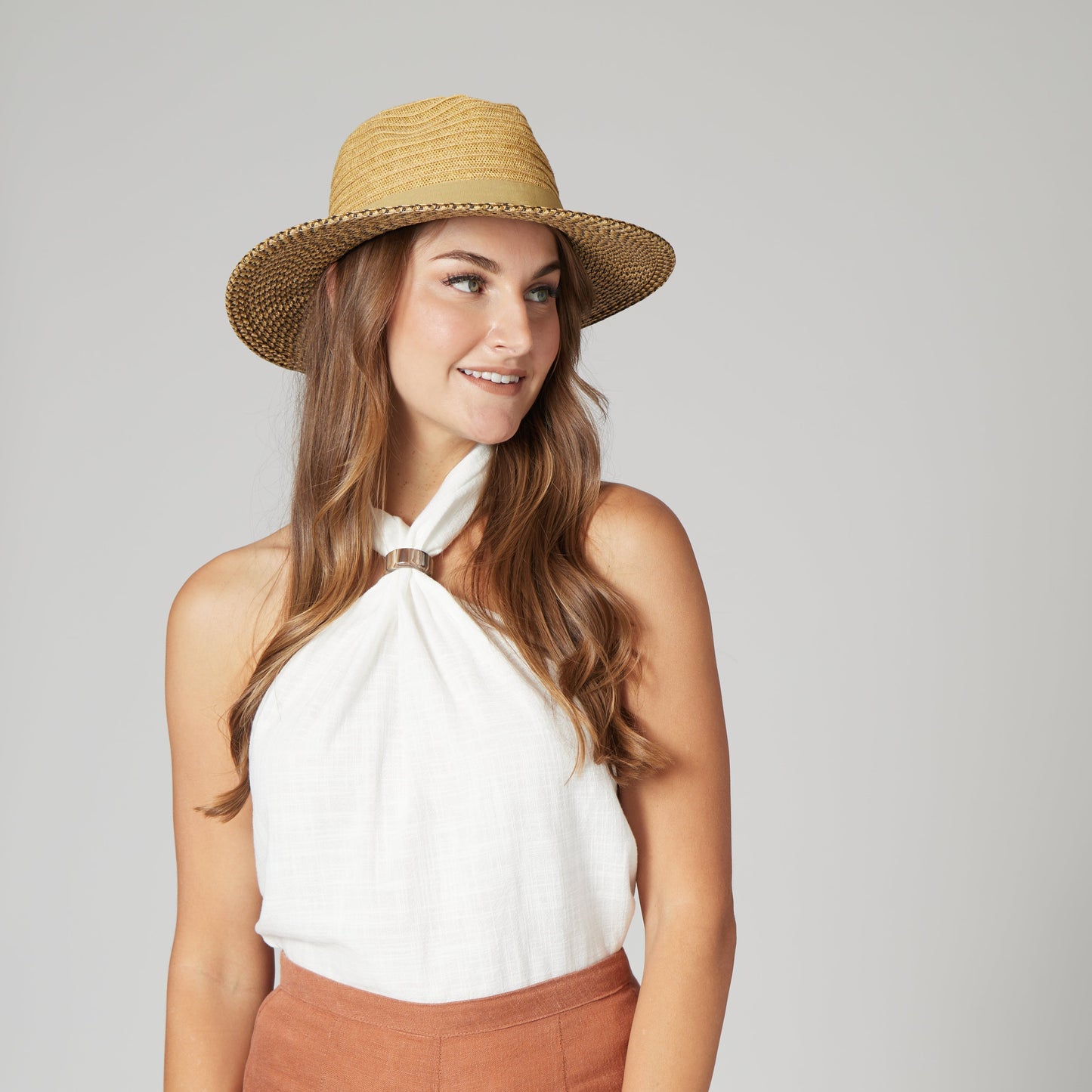 Women's Colorblock Fedora With Band & Faux Leather Bow Band