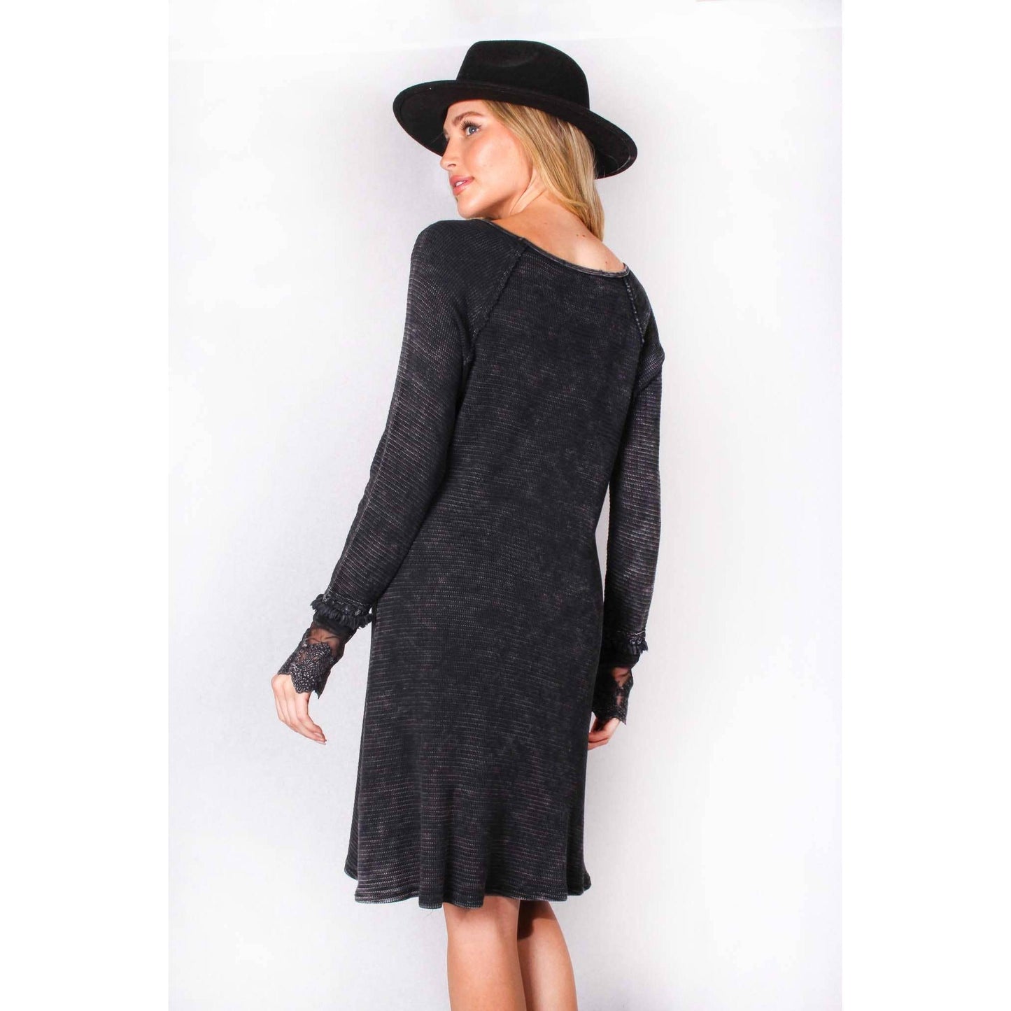 Ultimate '90s Princess Grunge Waffle Dress in Black with Lace Mesh Sleeve Detail | Y2K Mall Goth Long Sleeve Fall Winter Dress [SM-XL]