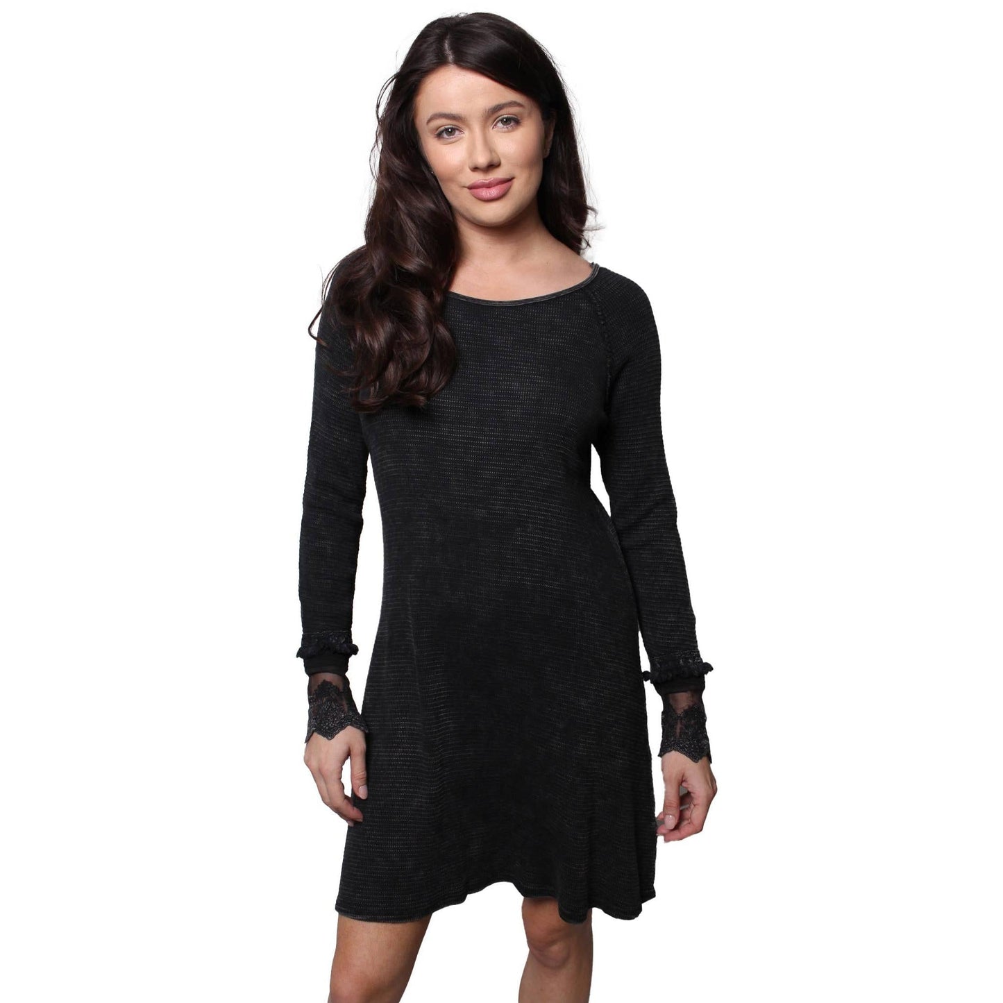 Ultimate '90s Princess Grunge Waffle Dress in Black with Lace Mesh Sleeve Detail | Y2K Mall Goth Long Sleeve Fall Winter Dress [SM-XL]