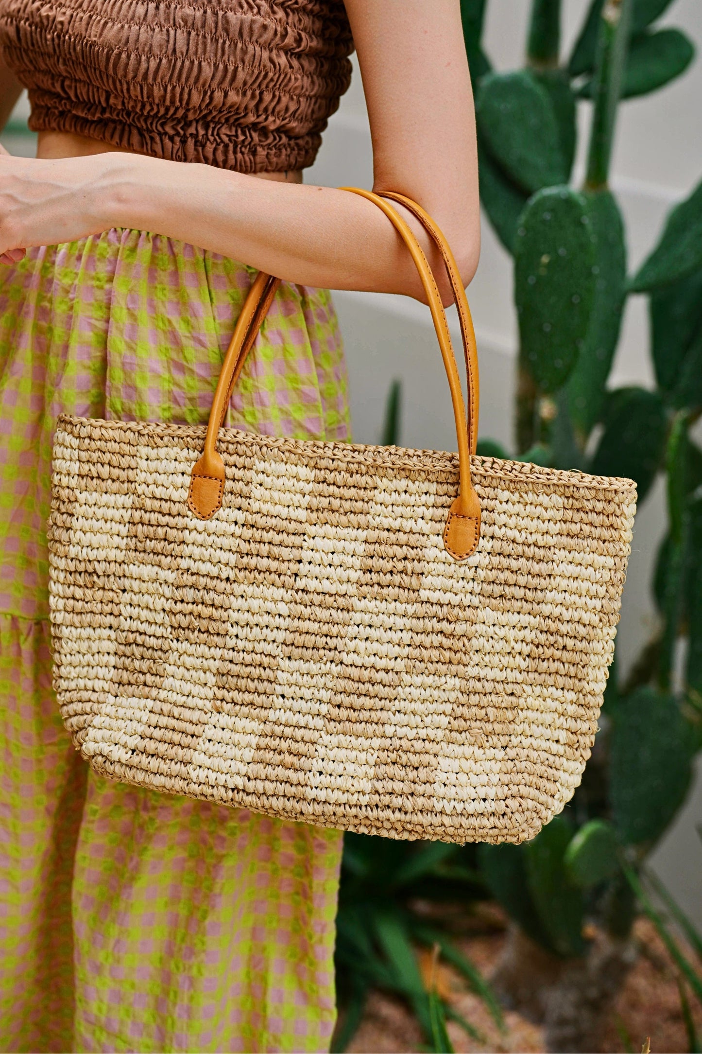 Lindsey Checker Raffia Tote