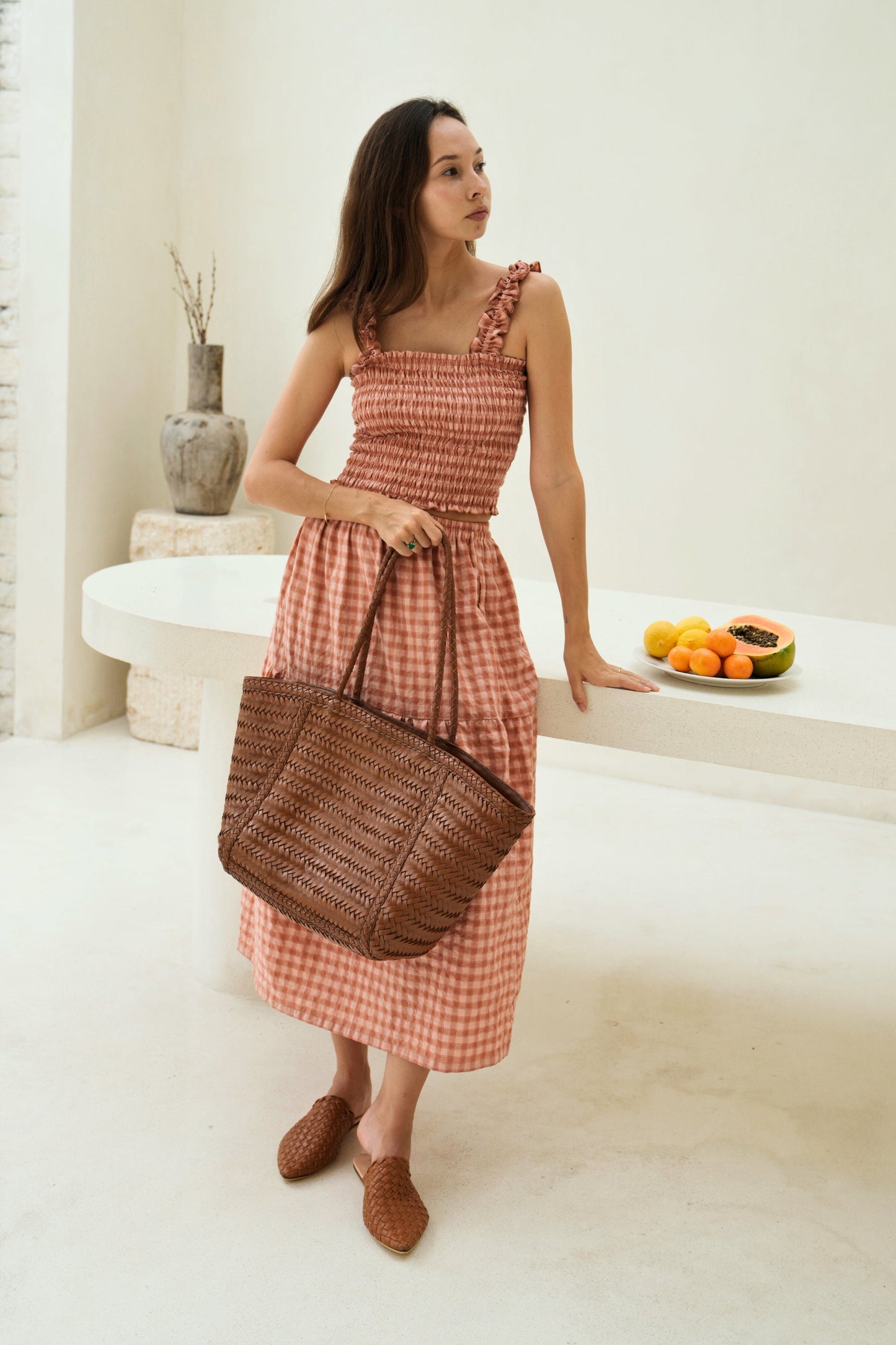 Phoebe Handwoven Leather Tote in Brown