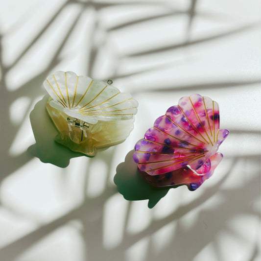 Velvet Claws Seashell Claw Set of 2: Pearl and Purple | Hair Claw Clip in Velvet Travel Bag