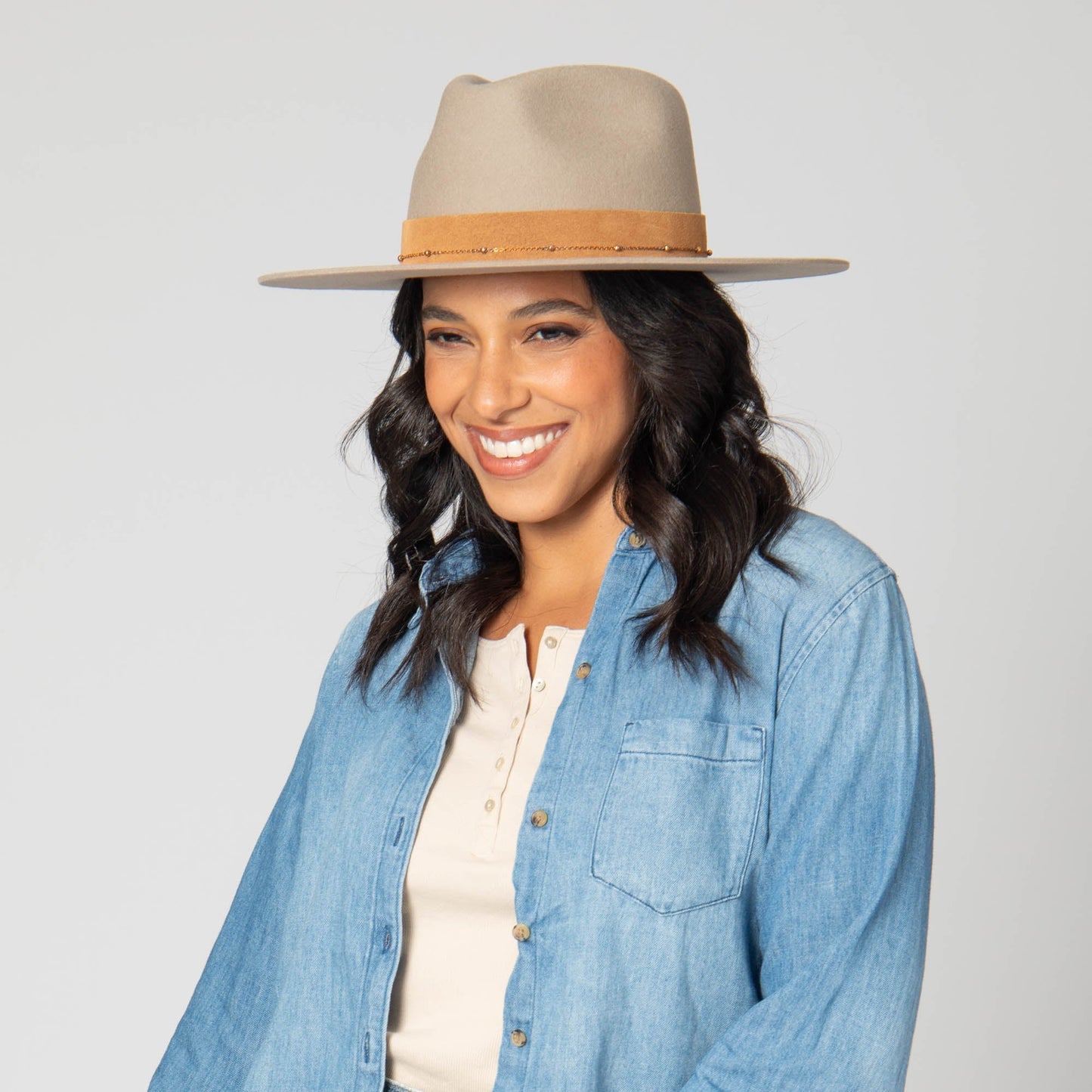 Loretta - Stiff Brim Fedora with Suede Band and Gold Chain