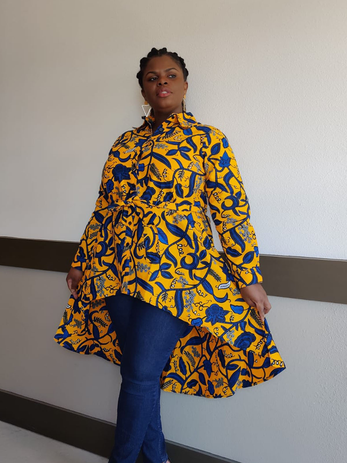 Kente African Print High Low Button up Shirt (Blue Yellow )