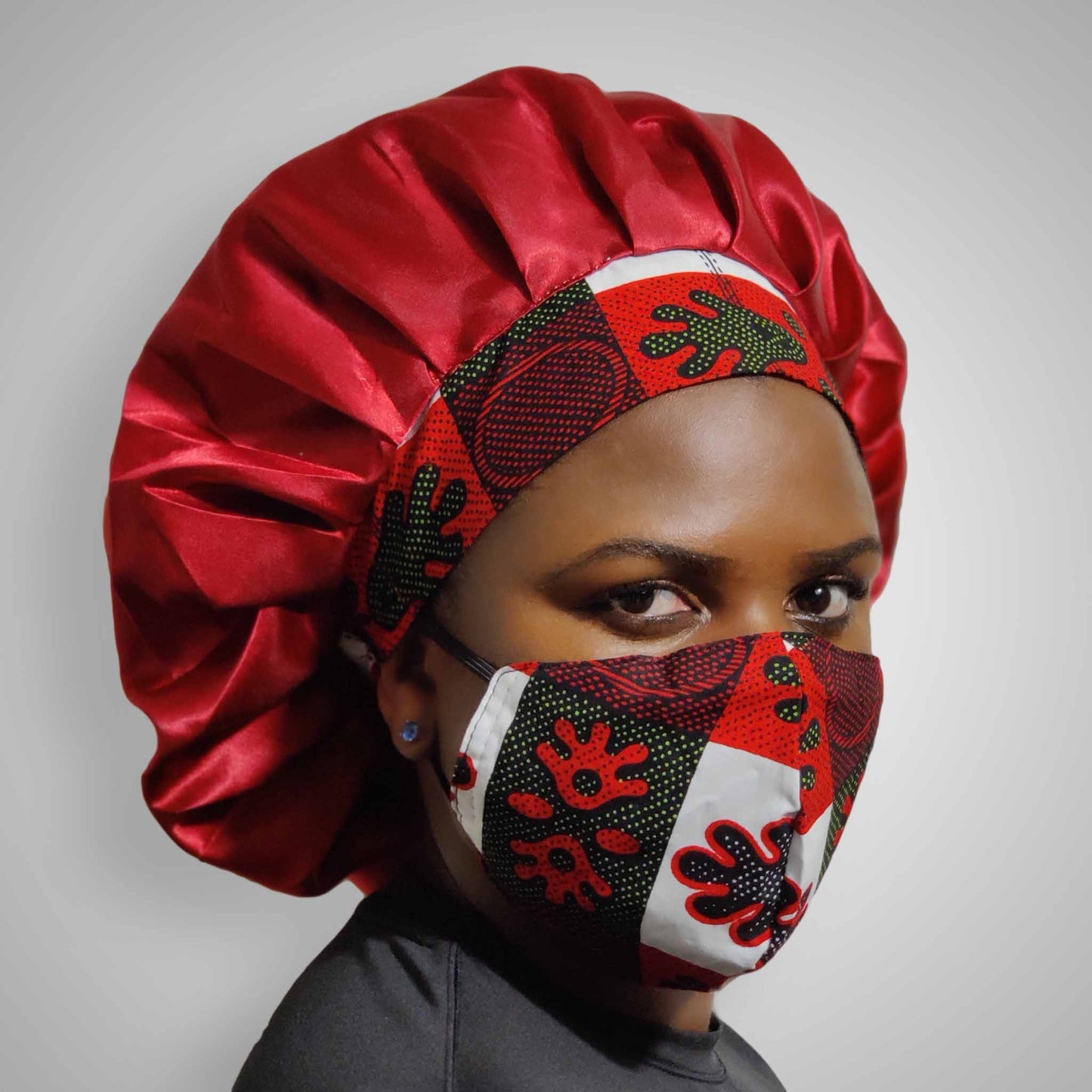 Kente Bonnet & Face Mask(Red/White)