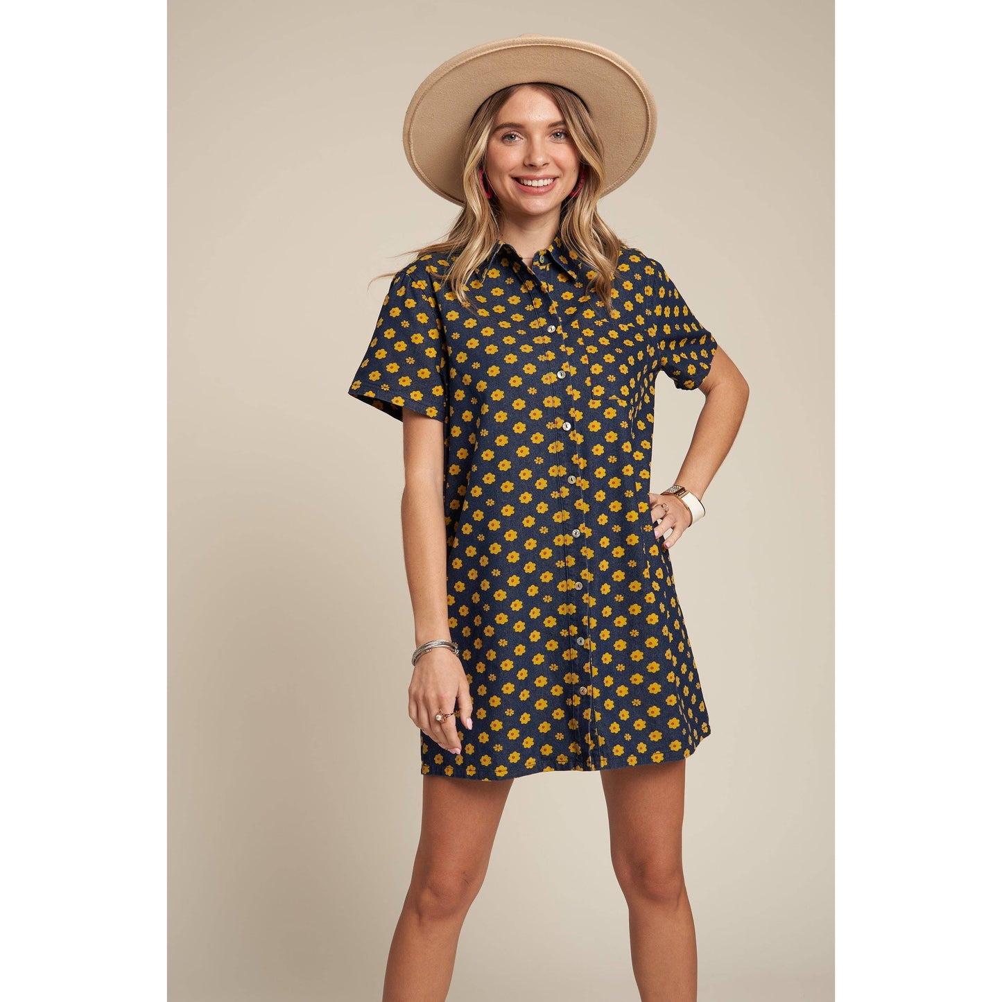 Yellow Flowers Button Down Denim Shirt Dress | Fashion Mini Dress [Available in SM,M]