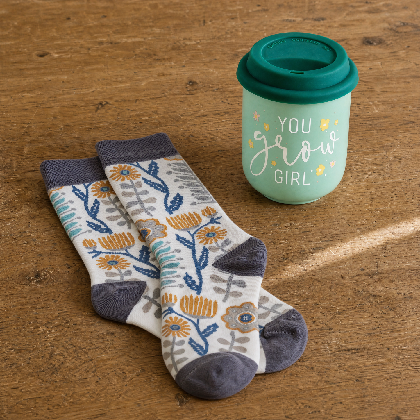 You Grow Girl Gift Set | Travel Mug & Folk Art Floral Socks in Gift Bag | Ready to Gift!