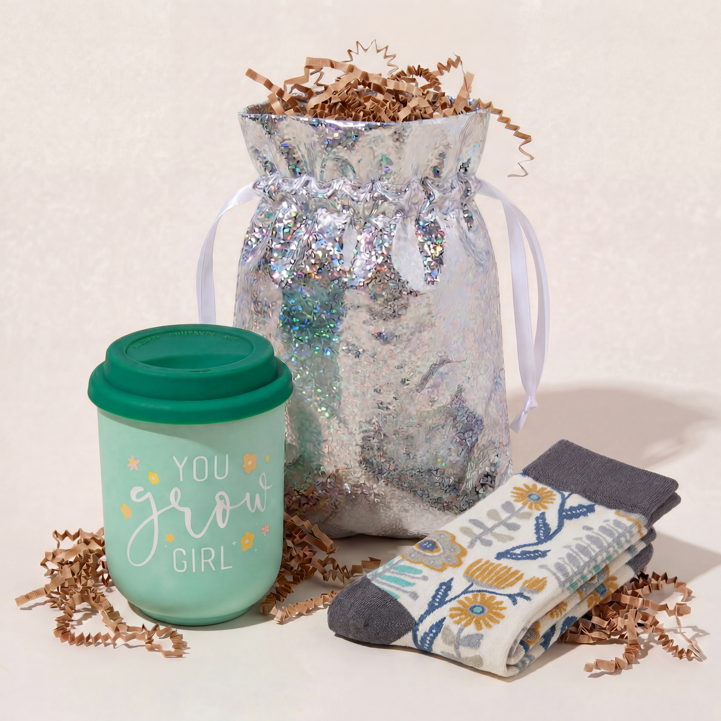 You Grow Girl Gift Set | Travel Mug & Folk Art Floral Socks in Gift Bag | Ready to Gift!