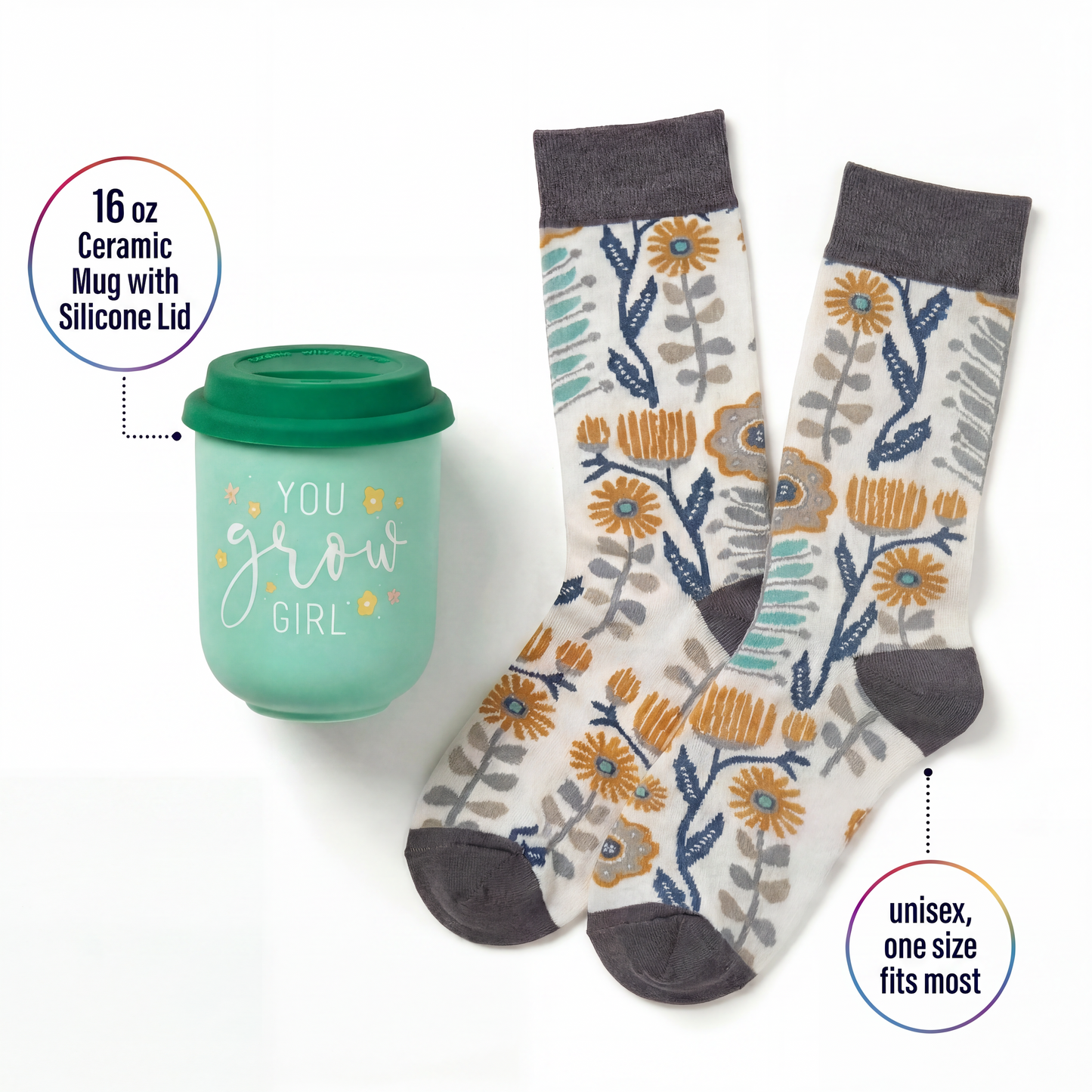 You Grow Girl Gift Set | Travel Mug & Folk Art Floral Socks in Gift Bag | Ready to Gift!