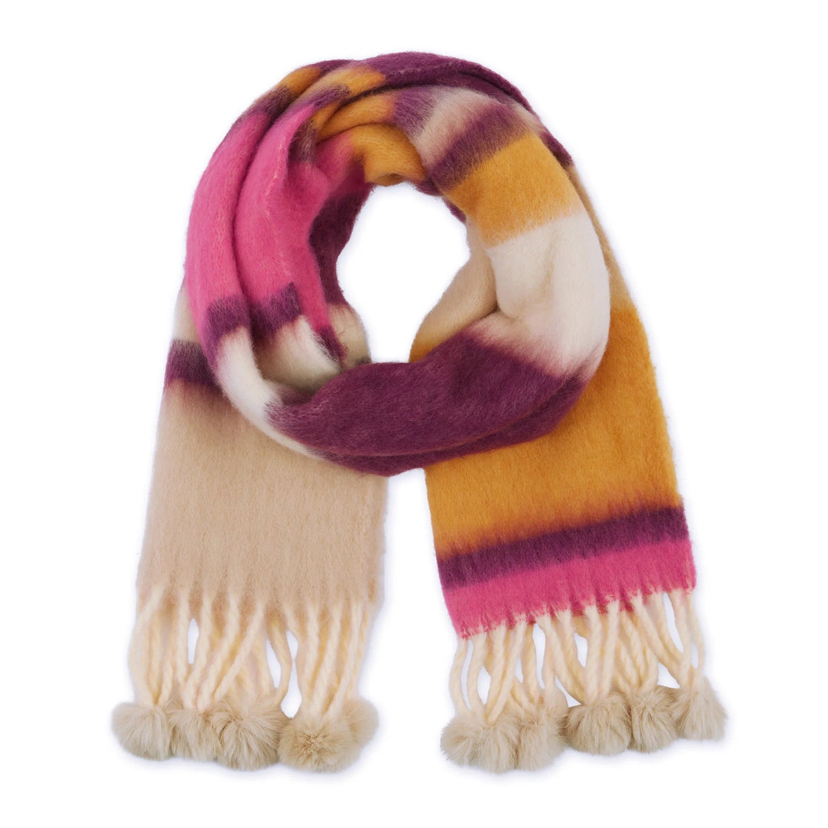 Zoey Stripe Scarf in Plum and Yellow | Twisted Fringe Pom Wrap | 74" x 15"