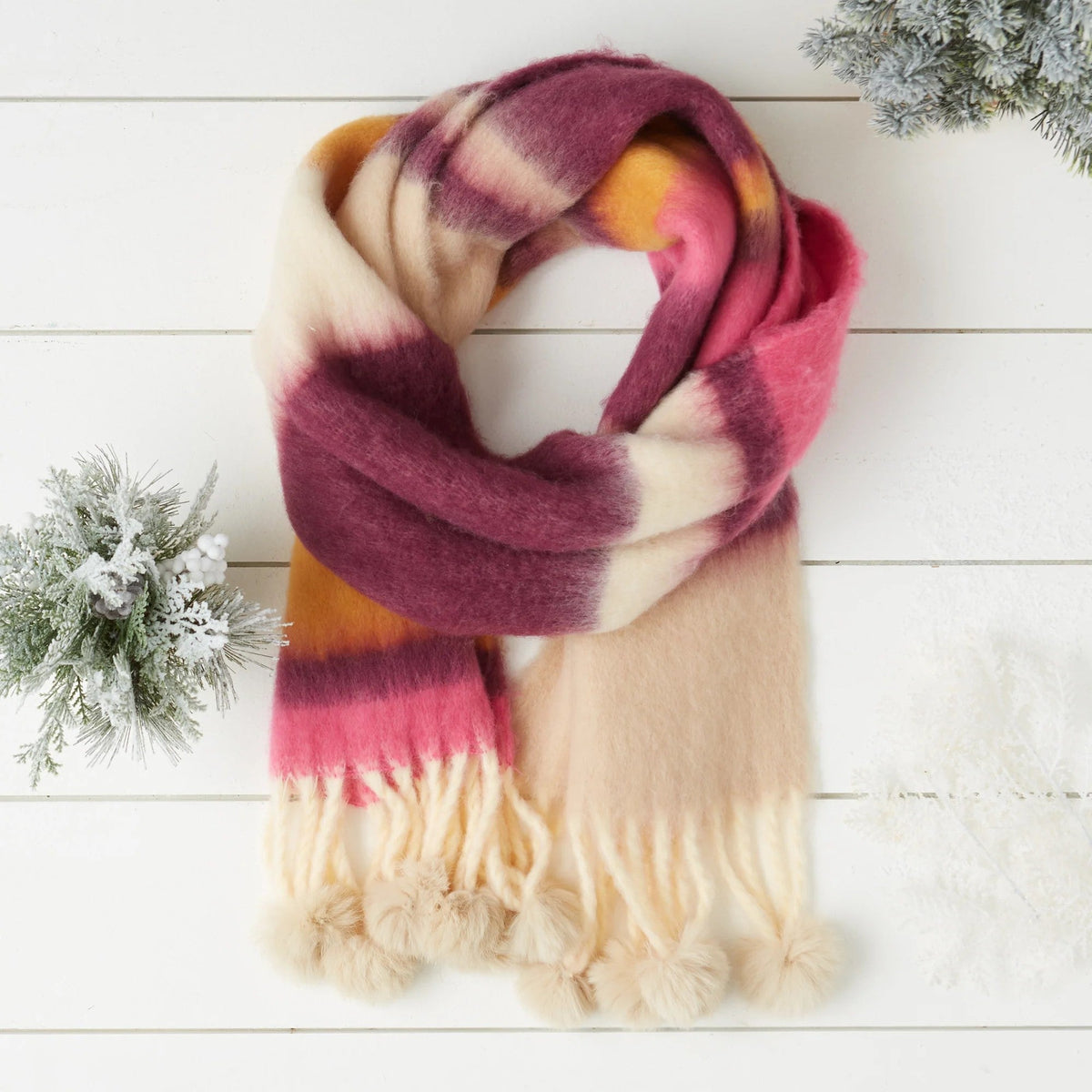 Zoey Stripe Scarf in Plum and Yellow | Twisted Fringe Pom Wrap | 74" x 15"