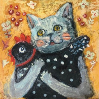 Echoes of Innocence: Cat Hugging a Chicken, Whimsical Pastel Art Print on Board