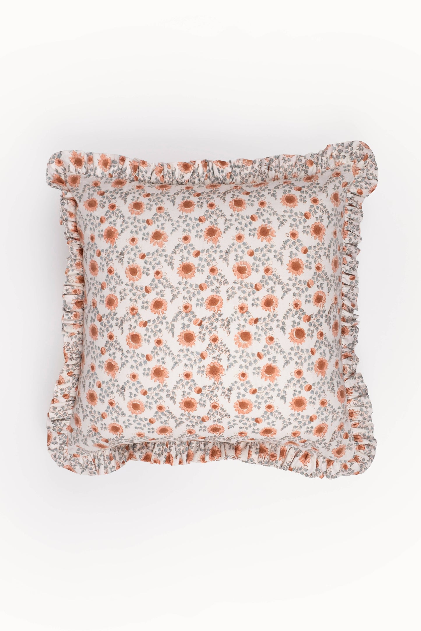 Apricot & Sage Ruffle Blockprint Pillow Cover