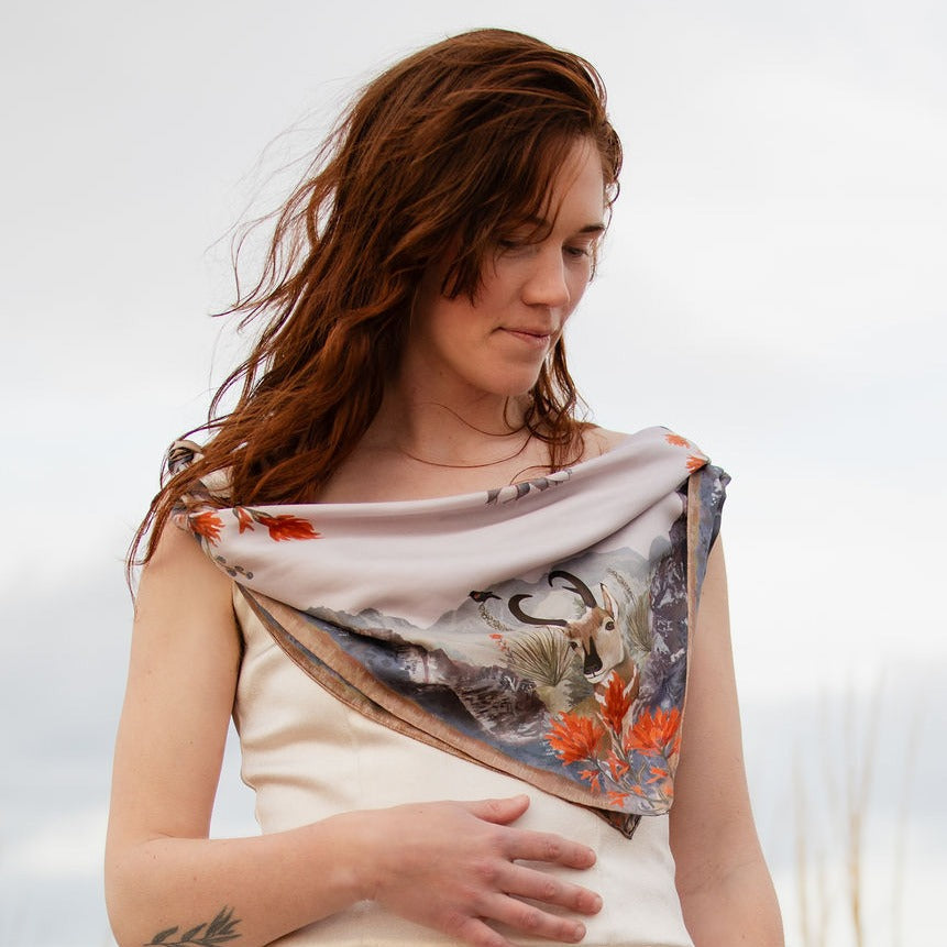 100% Silk Scarf: San Luis - Landscape Wildlife Floral