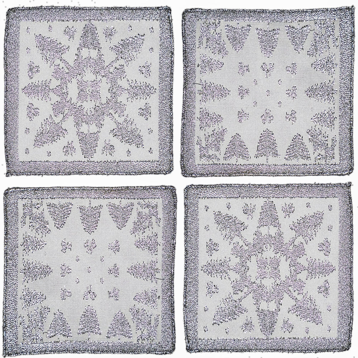 S/4 Scottish White Leno Gauze Cocktail Napkins - Silver Lurex