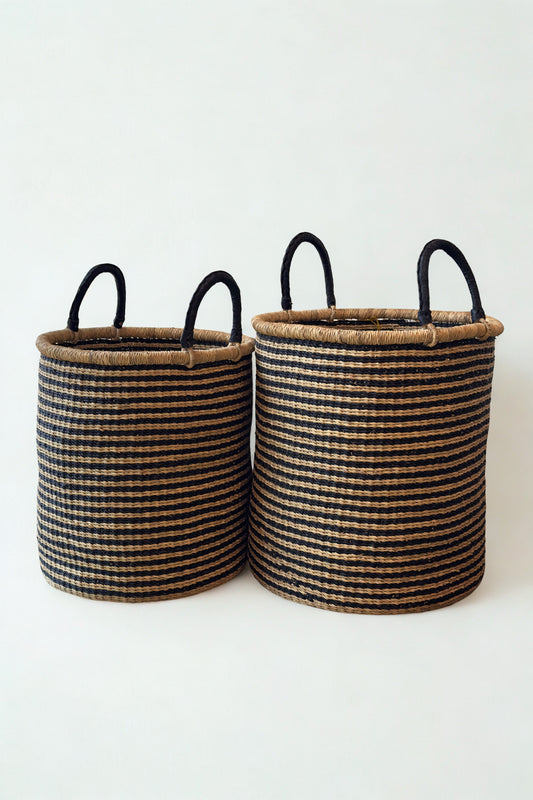 Handwoven Hamper - Natural with Black Stripes - Large