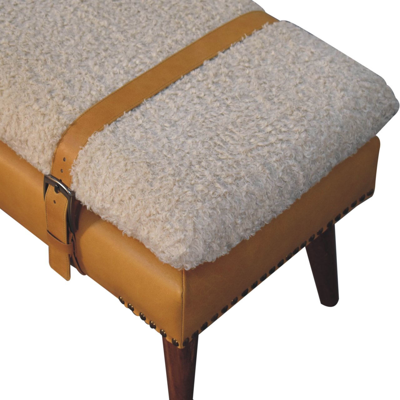 Solid Wood Boucle Tan Leather Bench