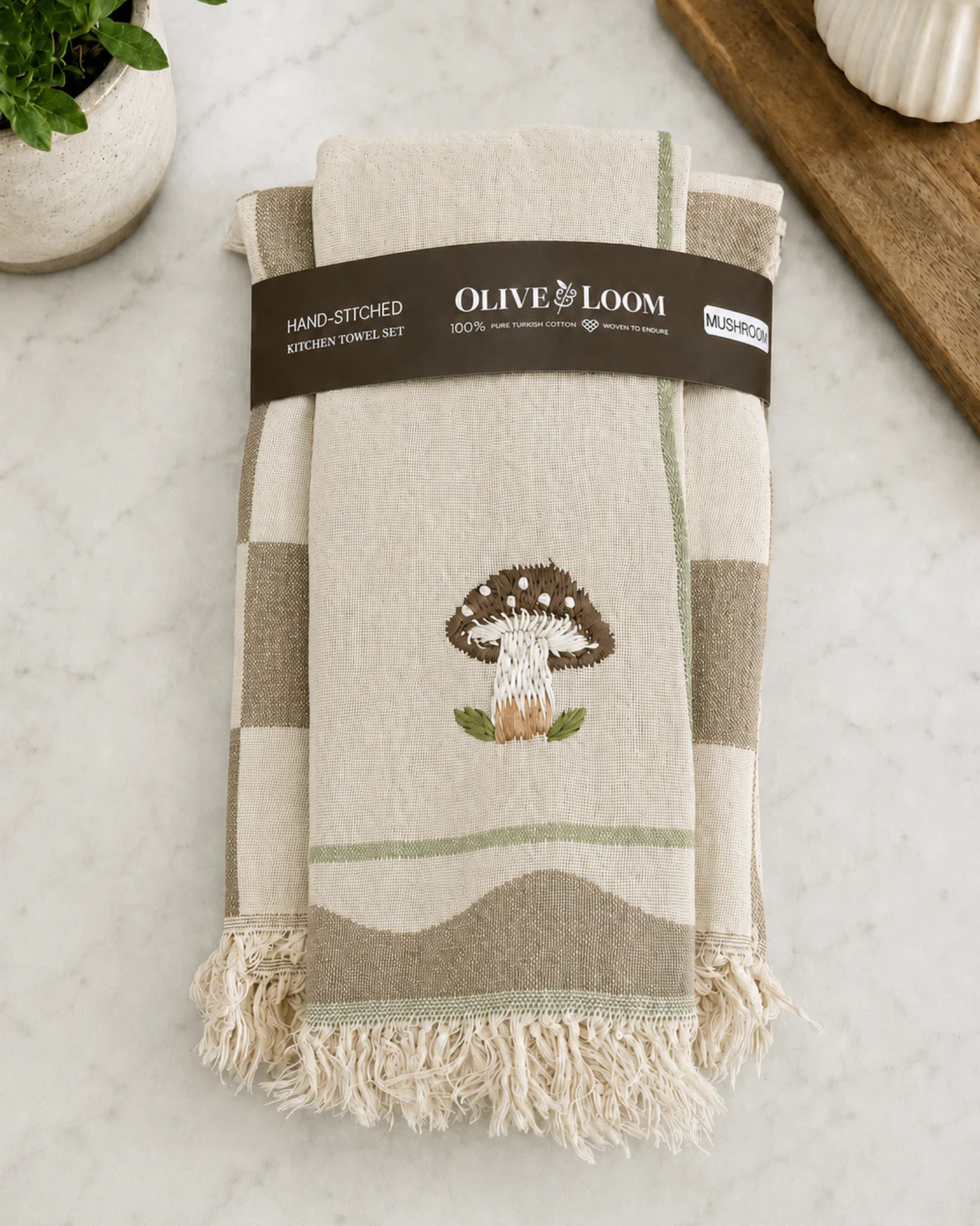 Mushroom Hand-Stitched Tea Towel Set