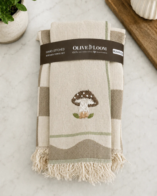 Mushroom Hand-Stitched Tea Towel Set