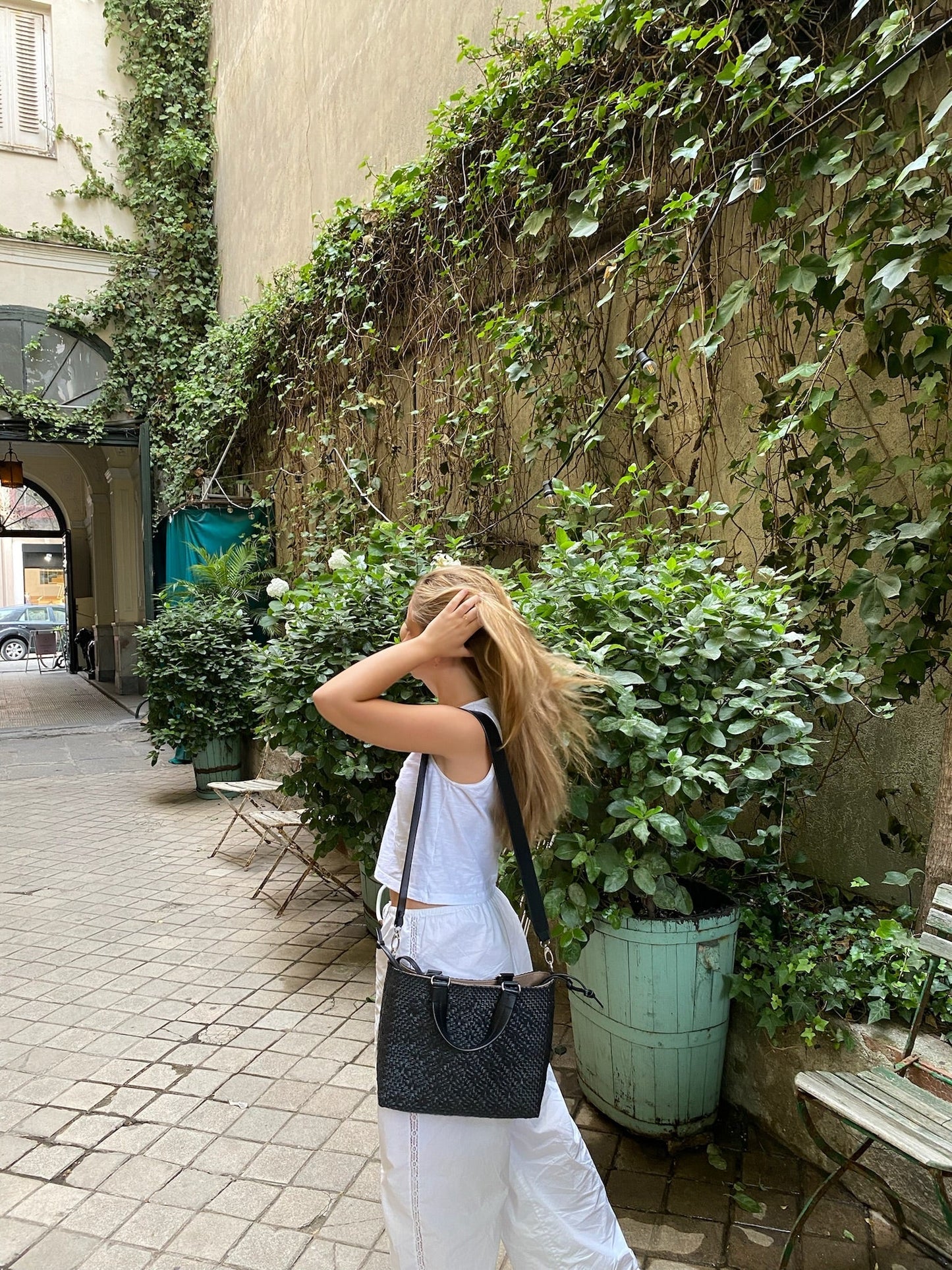 All Black Medium Woven Crossbody Drawstring Bag