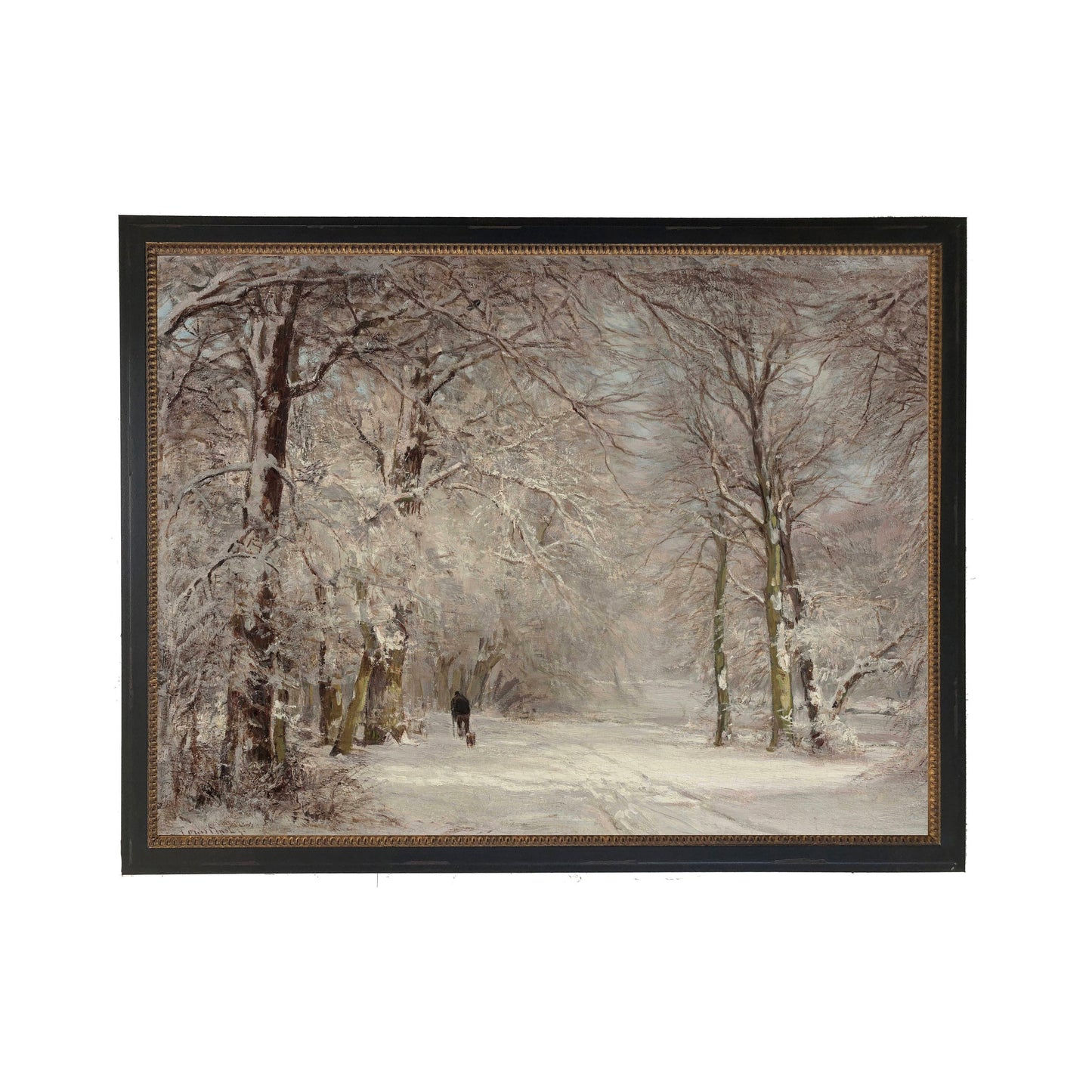 Vintage Oil Painting of Person Walking in Snowy Woods