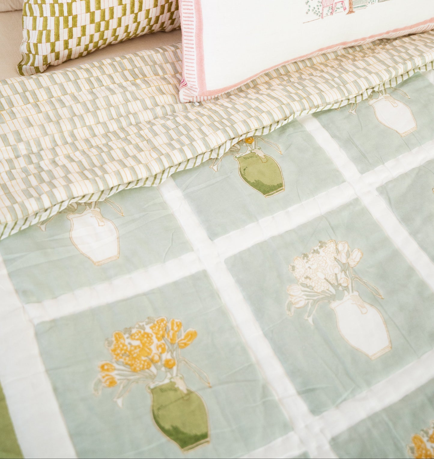 The Mona's Garden - Hand Block Printed Reversible Quilted Throw