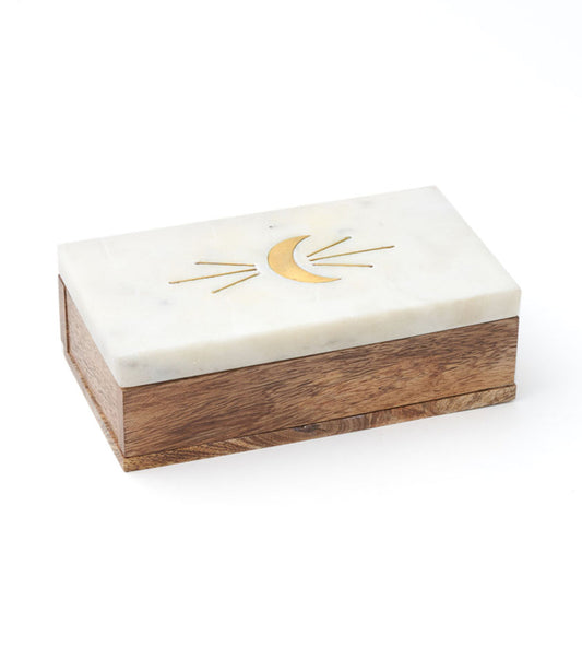 Indukala Crescent Moon Treasure Box - Wood, Marble, Brass - Osadia Concept Store