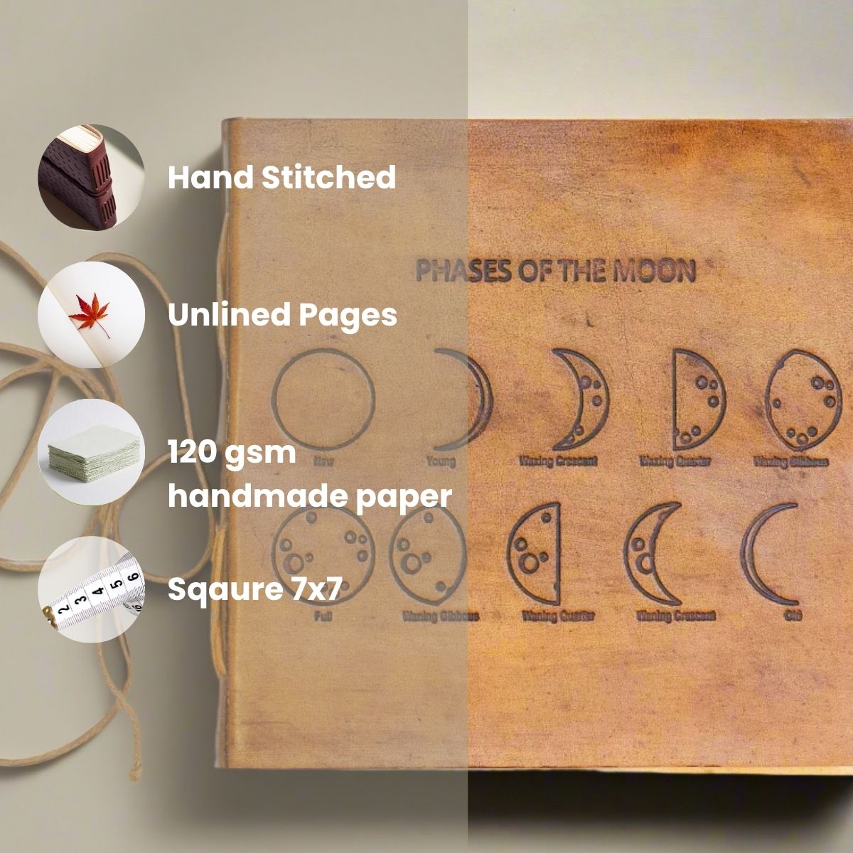 Moon Phases 7x7 Artists Embossed Leather Journal