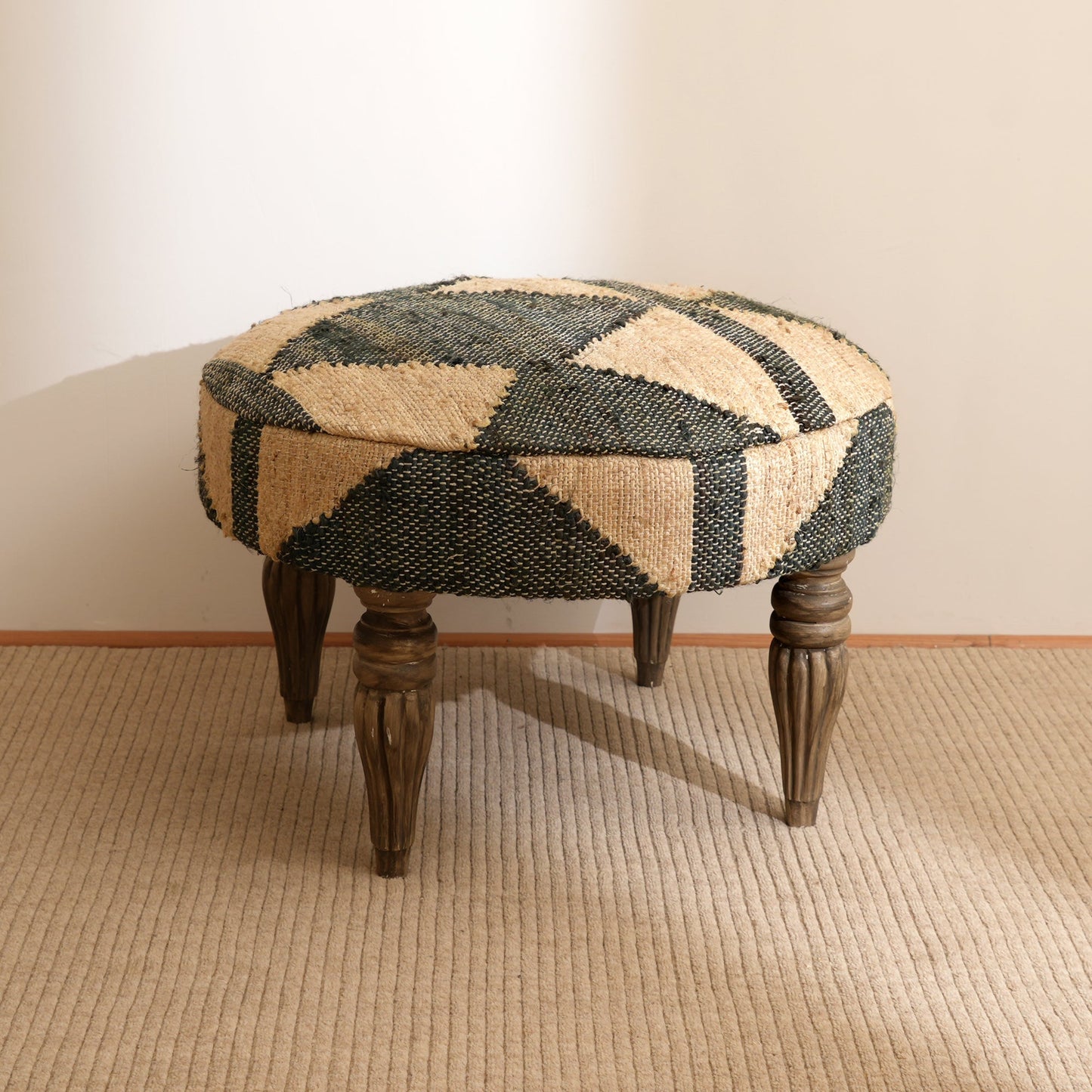 Woven Geometric Pattern Accent Stool | 24x16.5" | Jute Fabric