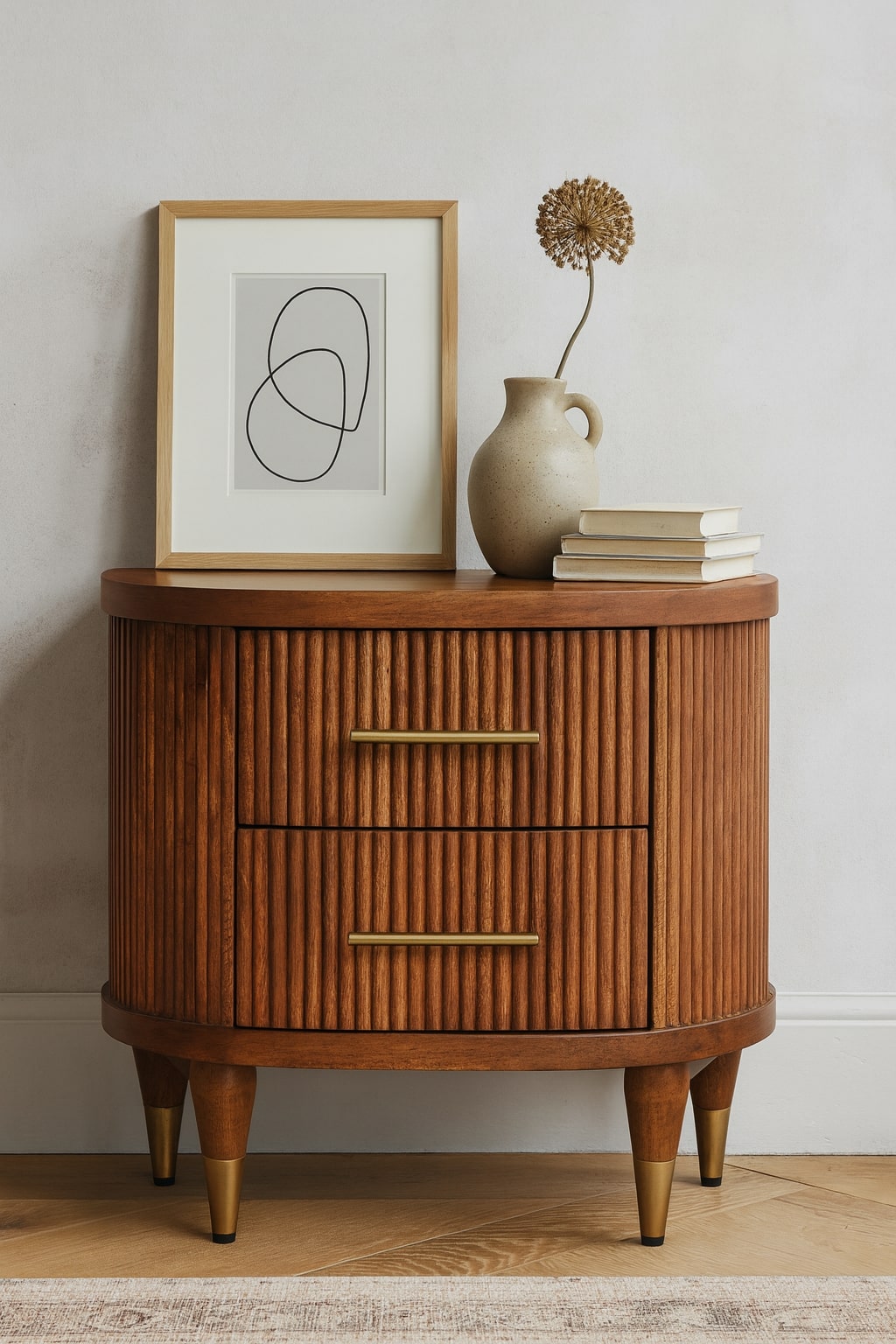 Solid Wood Ribbed Bedside with Brass Accents