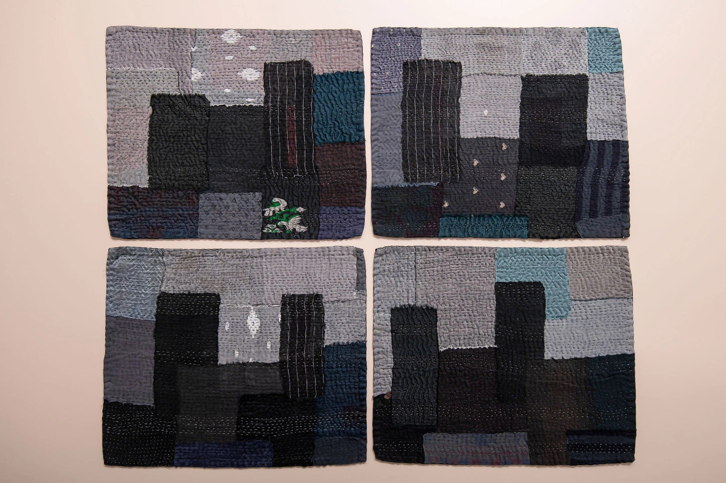 S/2 Landscape Fray Patch Vintage Kantha Placemat - Black