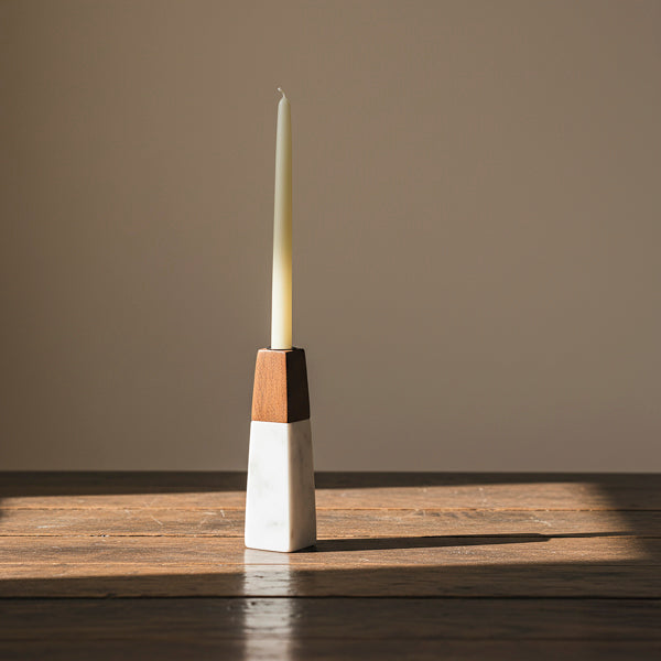 Tapered White Marble & Acacia Sculptural Candleholder