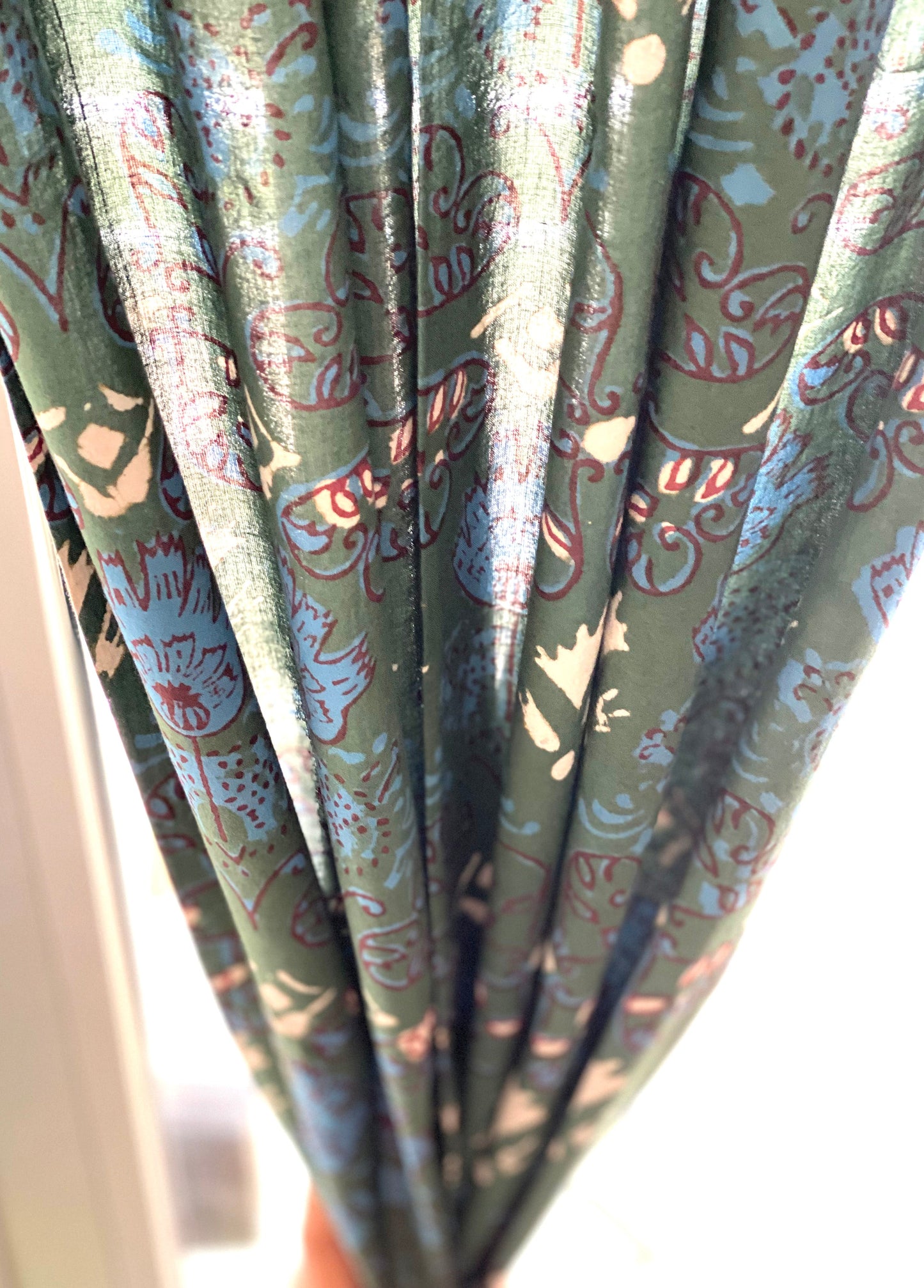 Curtain Panel, Boho Block Print Cotton Drape - Meadow Green