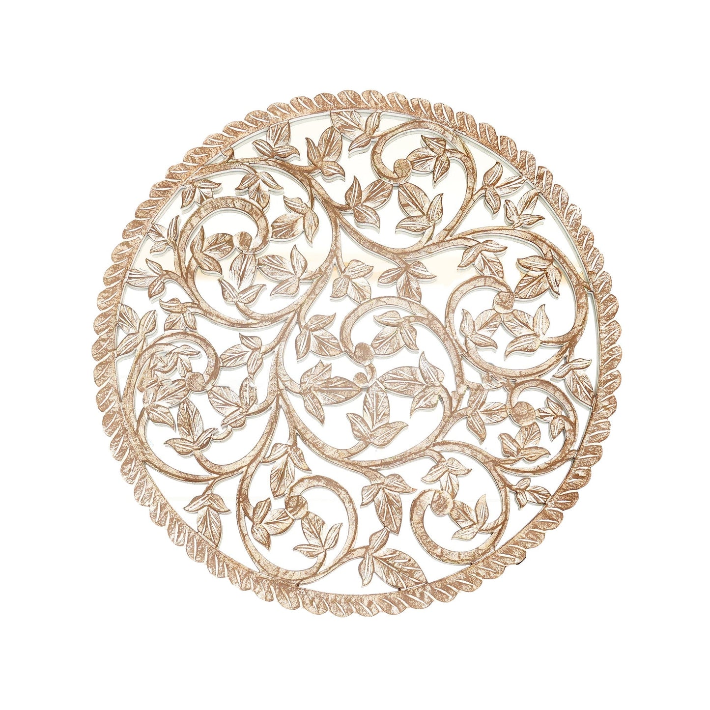 Wall Art | Round Wood Handcarved Wall Panel with Mirror, 36"