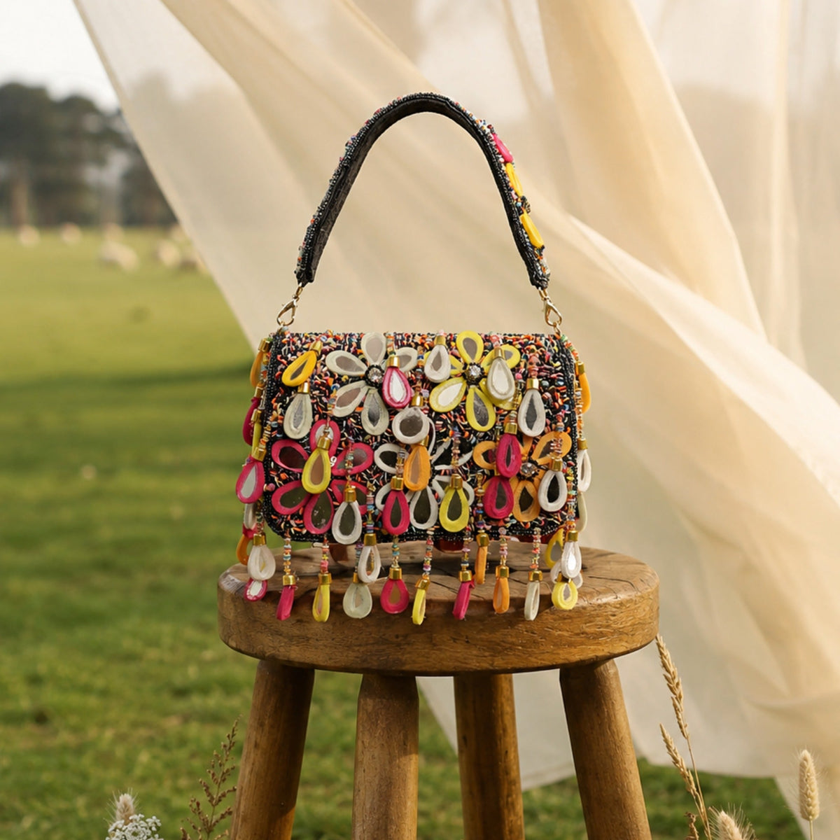 Michele Multicolour Beaded Floral Statement Shoulder Purse| Wedding Guest Evening Bag