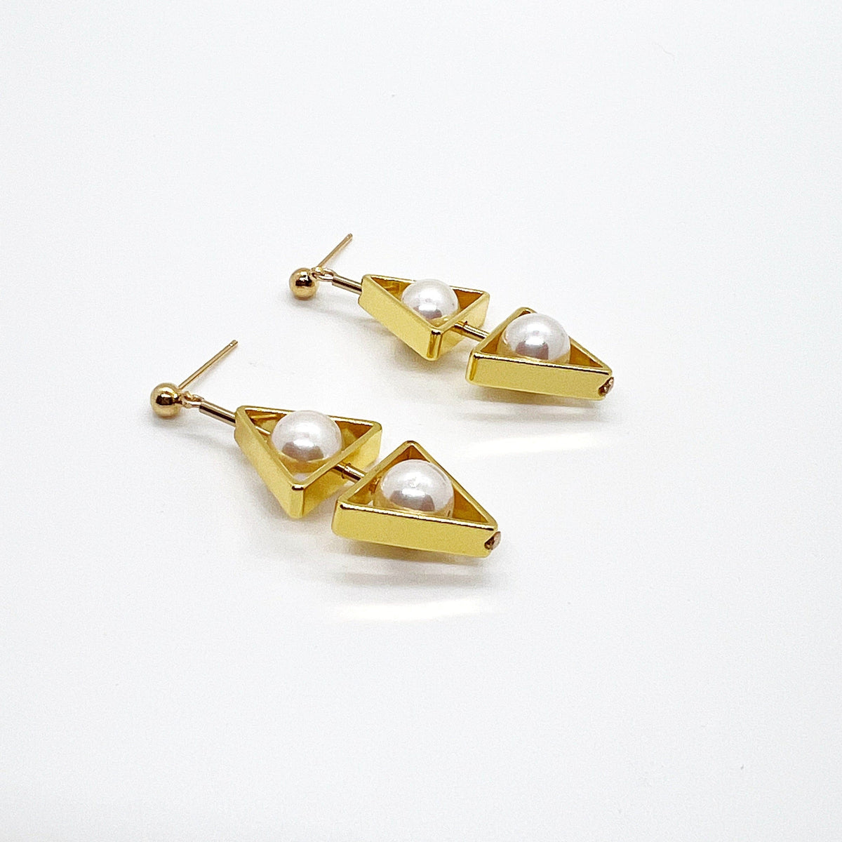 18K Gold-plated Silver Double Triangle Pearl Earrings