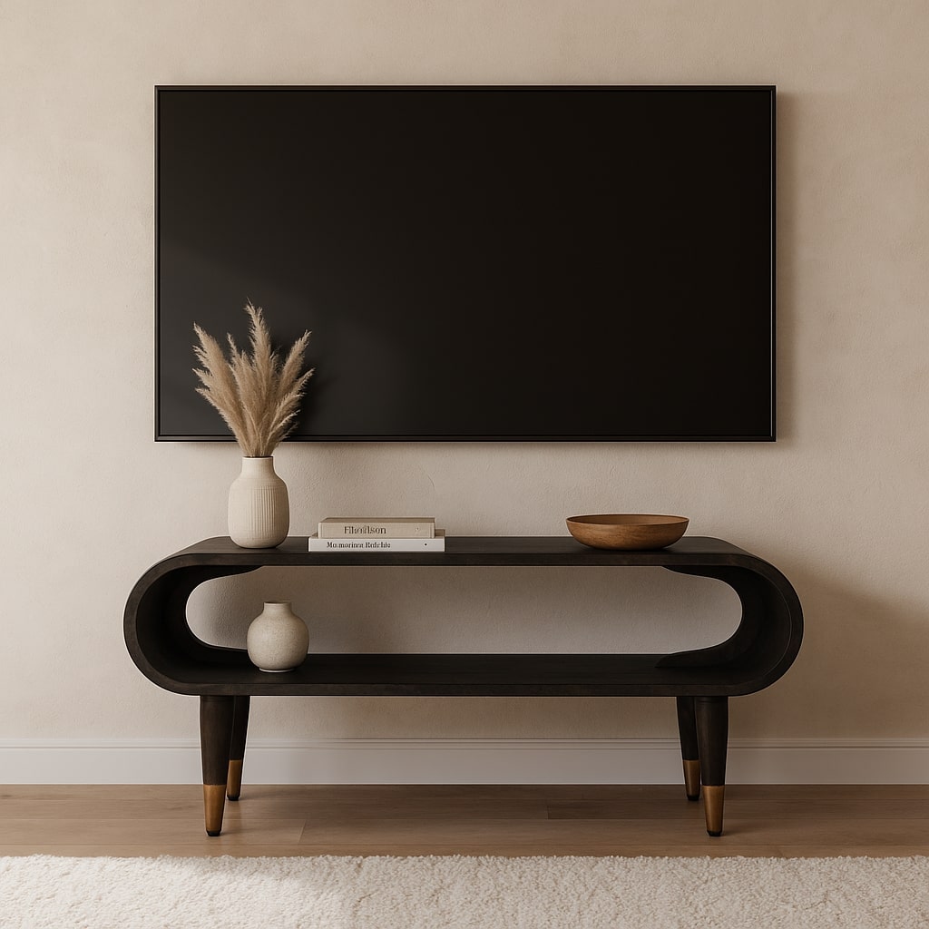 Solid Wood Velvet Mocha Curved Edge Console with Brass Accents